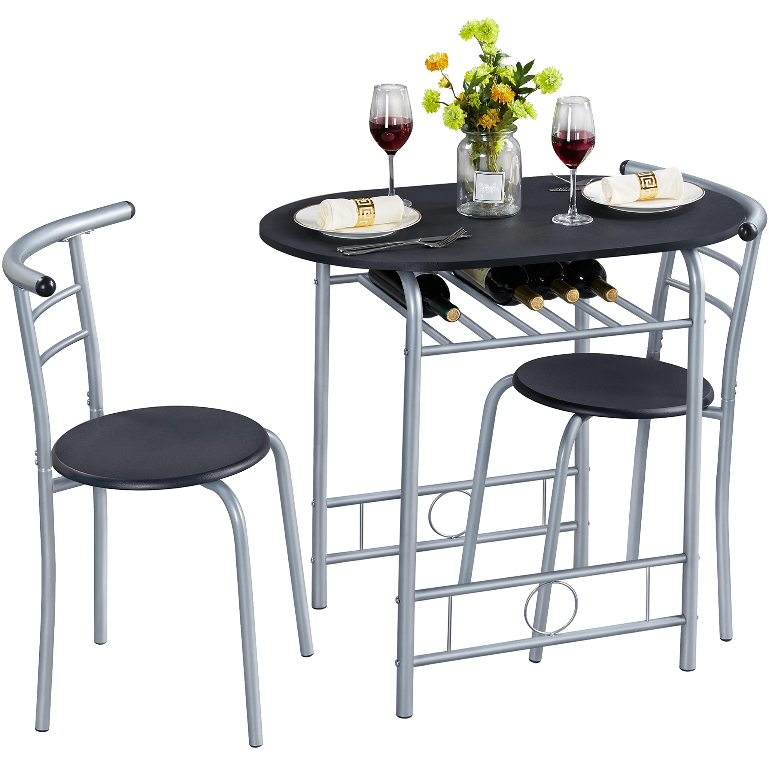 3 Piece Kitchen Dining Table Set with Storage Shelf