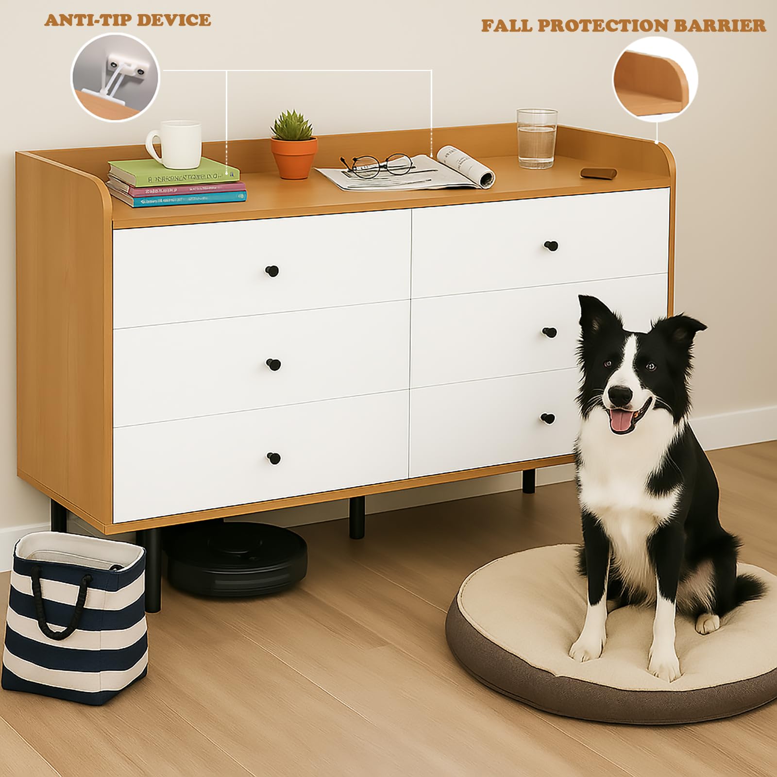 47 Inch Wide Natural Wood Dresser with Drawers