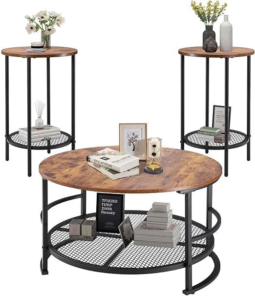 3-Piece Industrial Coffee Table Set with End Tables