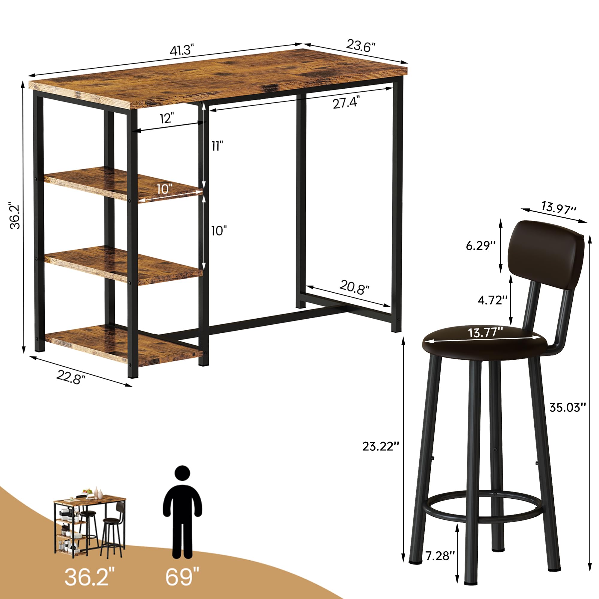 3-Piece Pub Dining Table Set with Storage