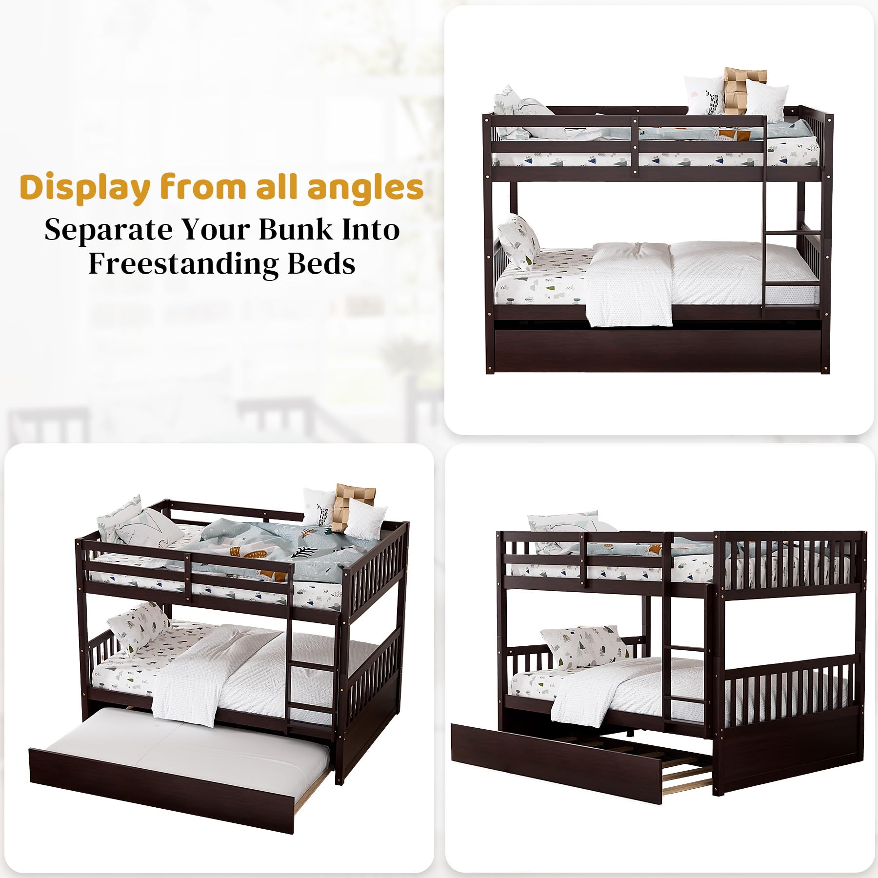 Full Over Full Bunk Bed with Trundle and Safety Rails