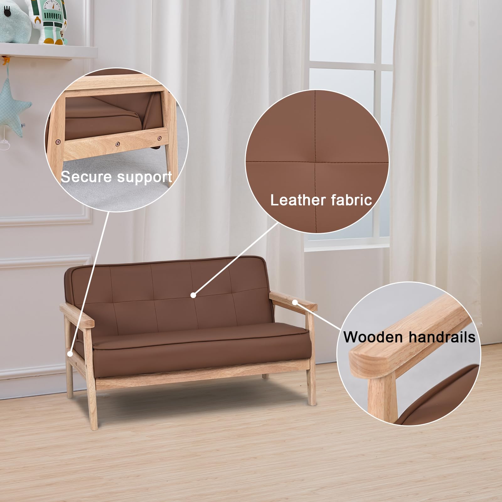 Yoonnie room Double Seater Kid Sofa Chair, Kid Couch with Solid Wood Armrest and PU Leather for Kids Rest (Brown)