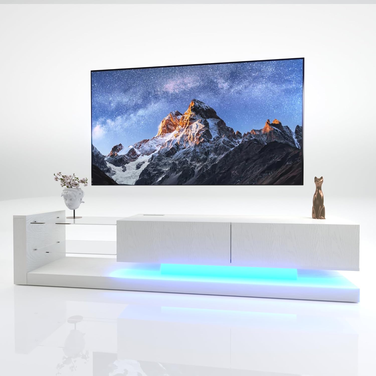 LED TV Stand with Asymmetrical Design and Tempered Glass Shelves