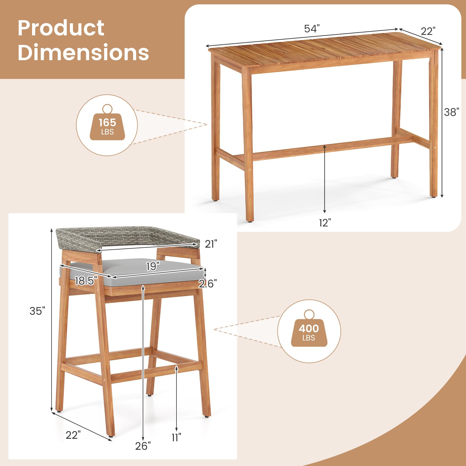 3 Piece Outdoor Bar Set with Acacia Wood Table and Cushioned Barstools