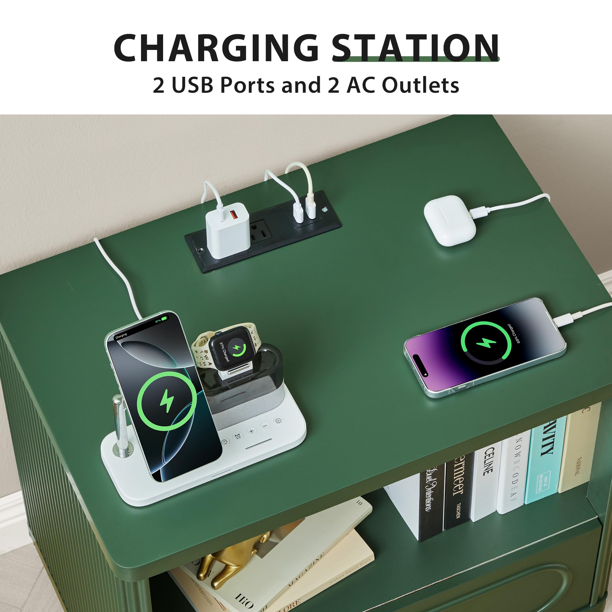 Fluted Nightstand with Charging Station and Drawer Storage