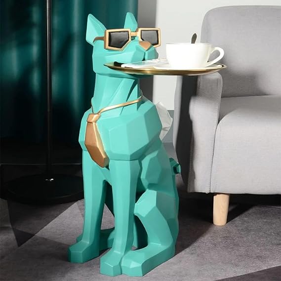 Whimsical Cat Statue Side Table with Gold Tray
