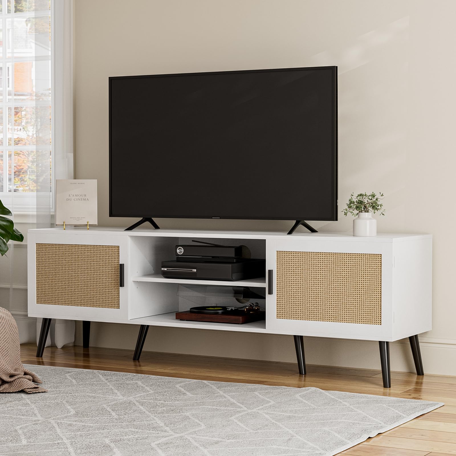 Mid Century Modern TV Stand for TVs up to 65 Inch with Rattan Door and Storage