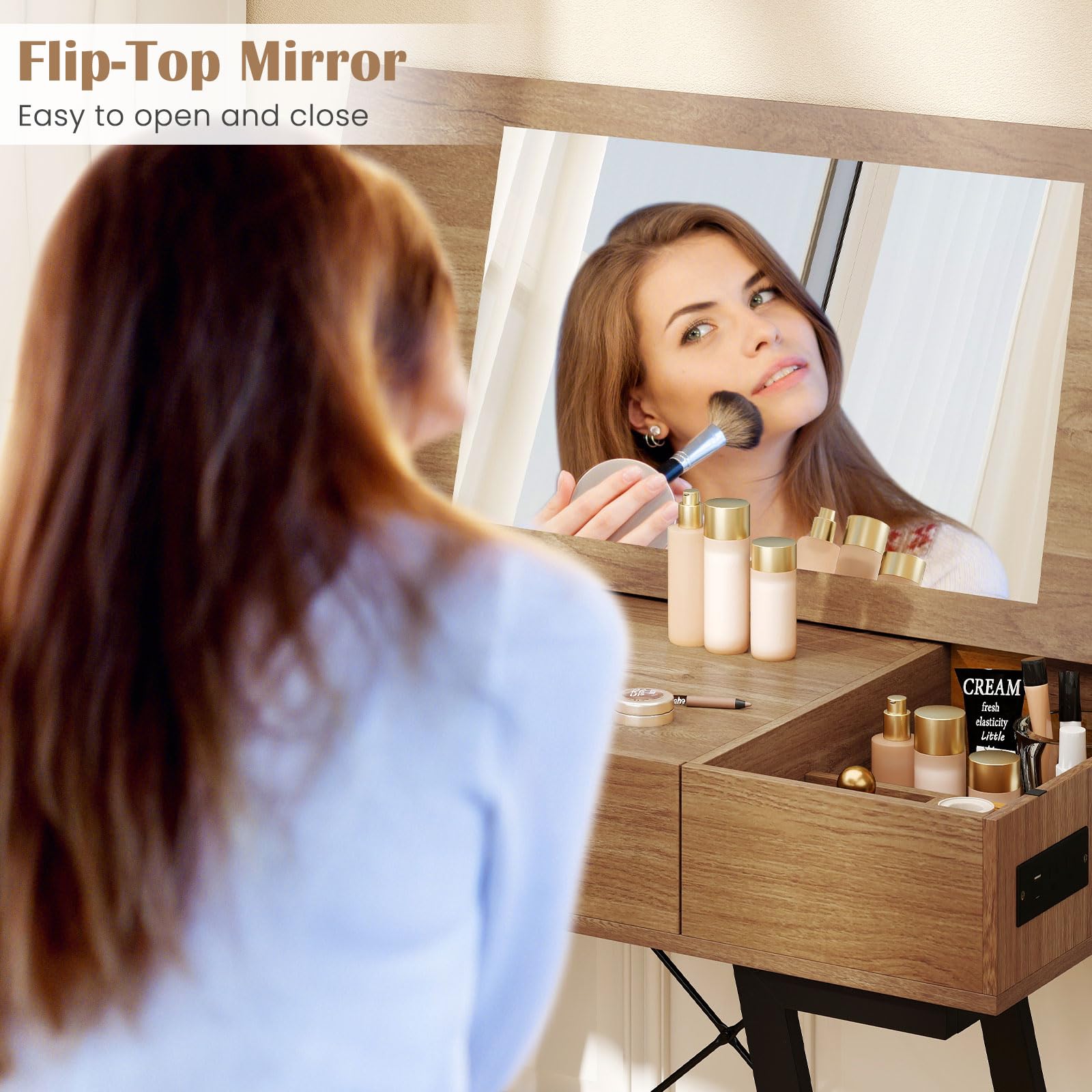 Vanity Desk with Flip Top Mirror and Charging Station