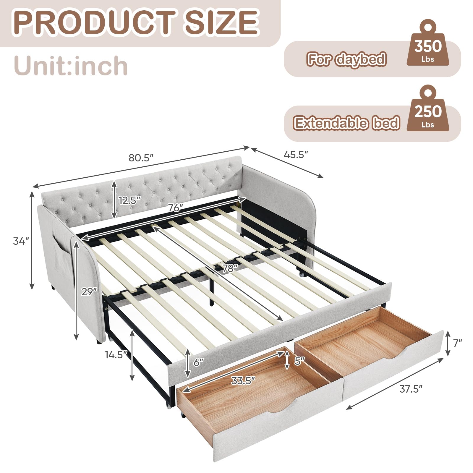 80.5" Tufted Linen Daybed with Trundle and Storage Drawer