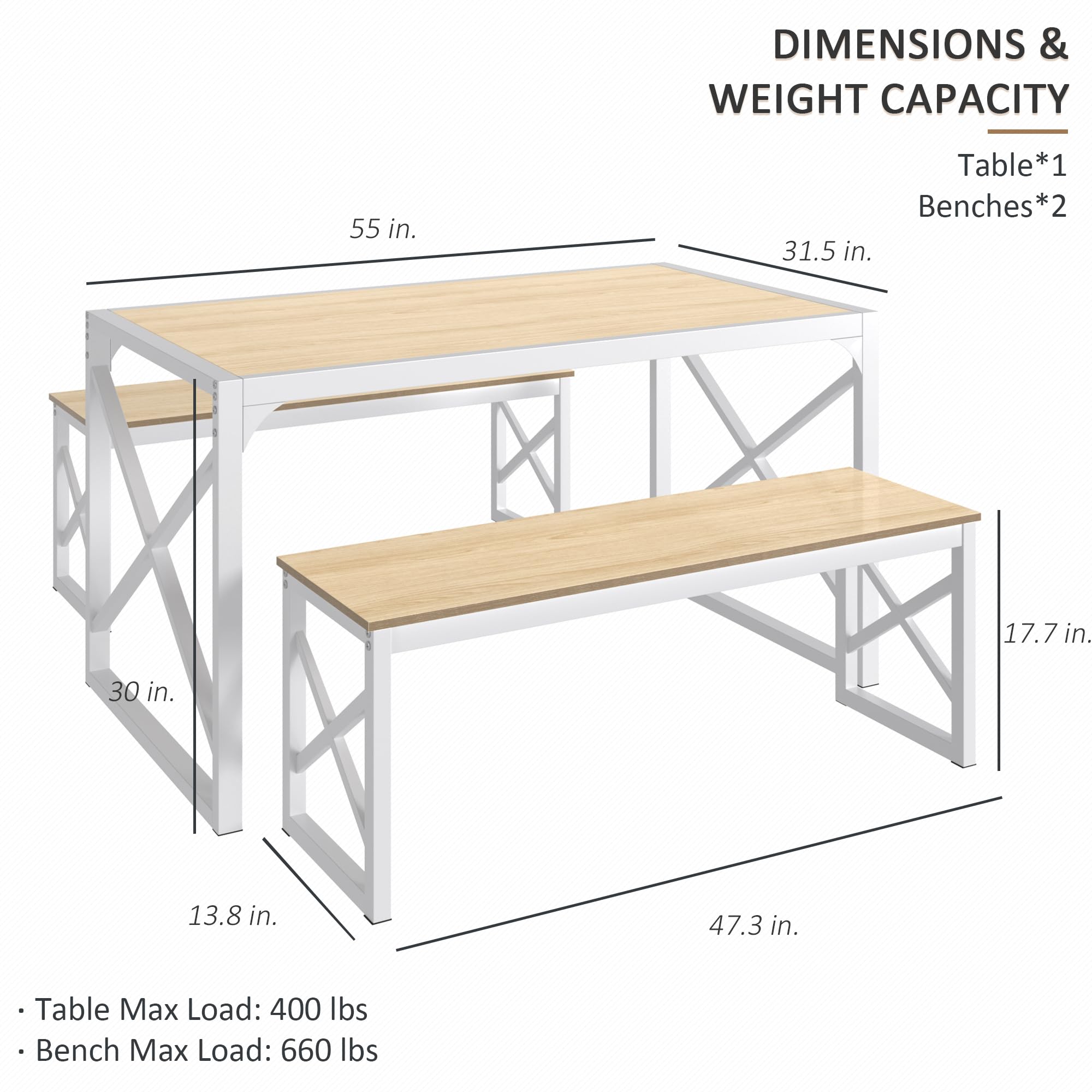 55" Dining Table Set with 2 Benches