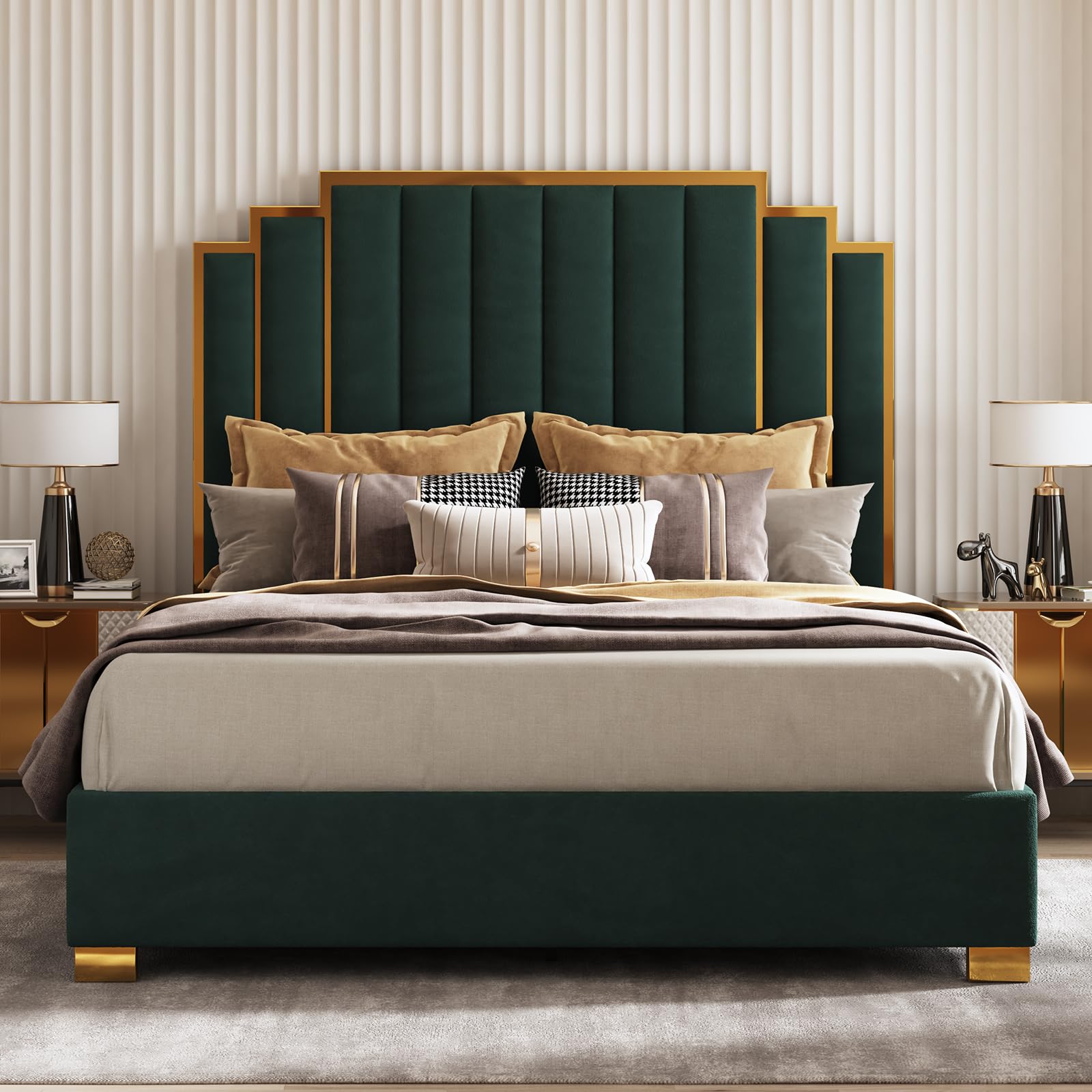 California King Upholstered Bed Frame - Velvet Platform Bed with Gold Trim Headboard
