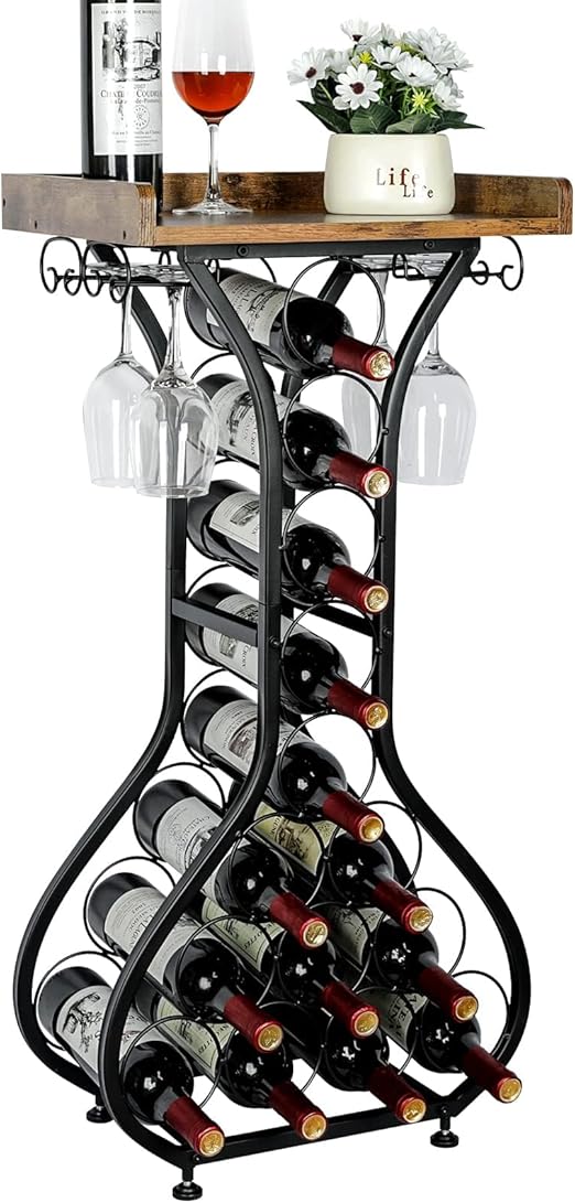 Wine Rack Freestanding Floor Storage with Glass Holder