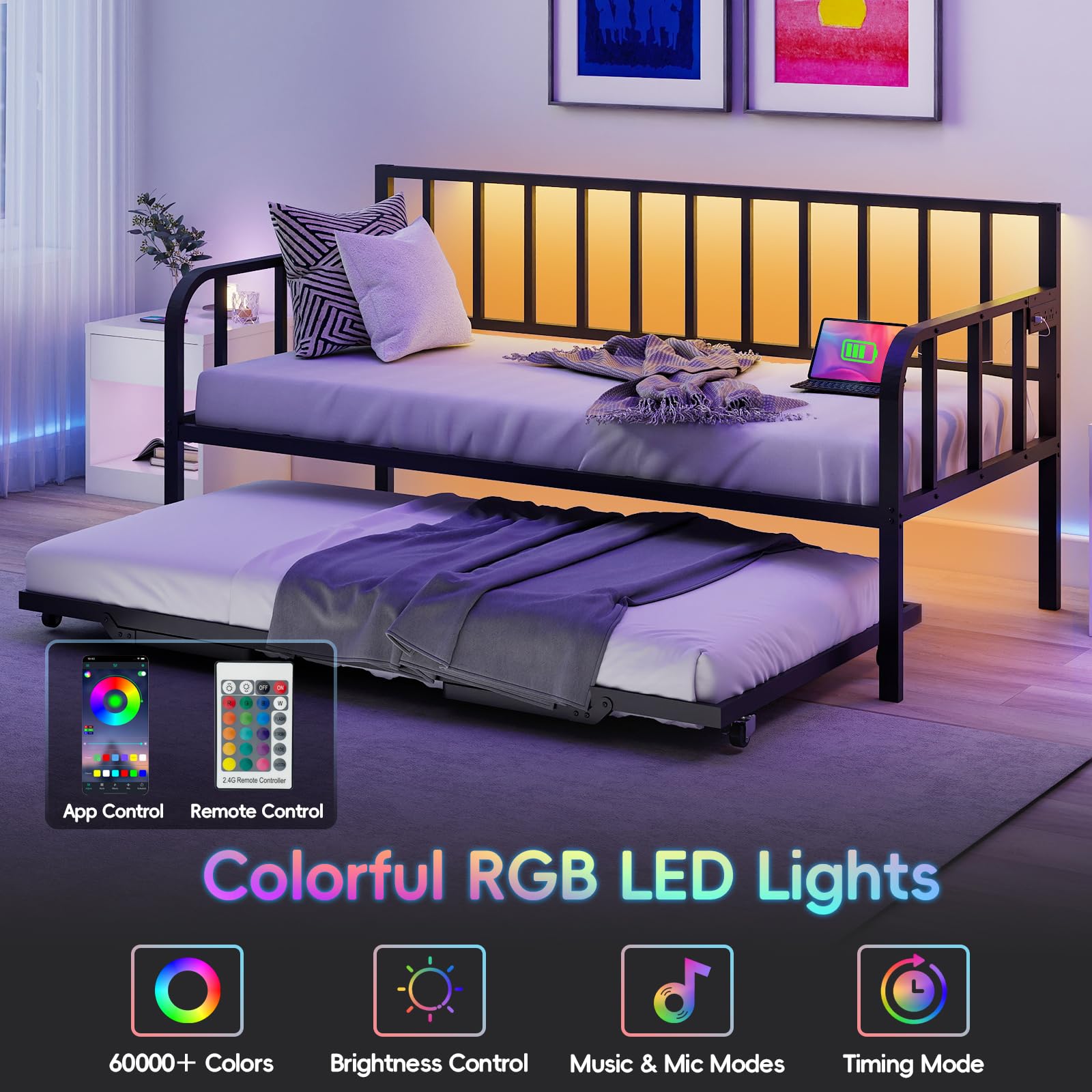 Daybed with Trundle and LED Lights