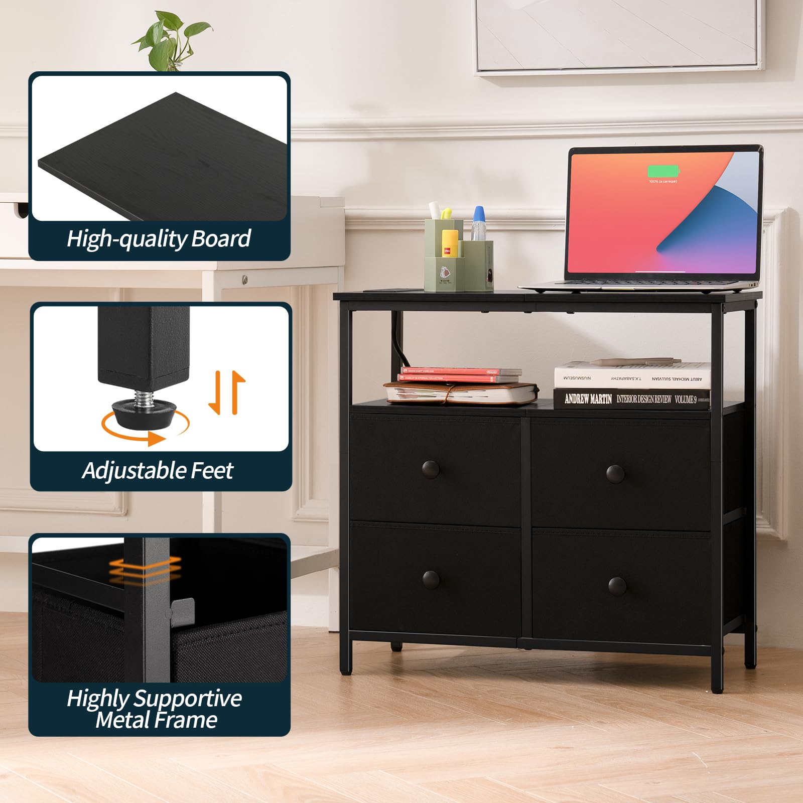 LED Nightstand with Charging Station and 4 Drawers