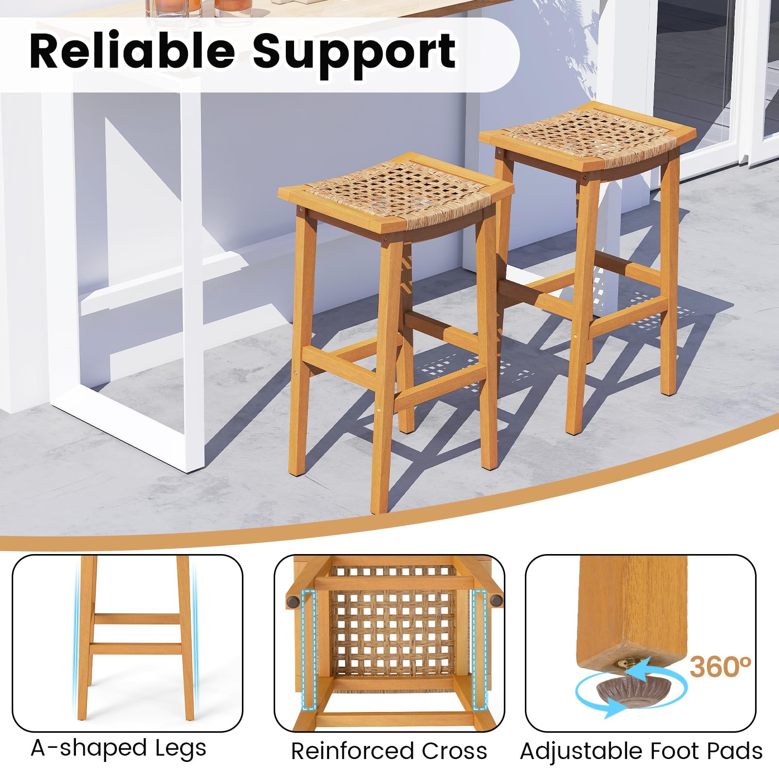 Outdoor Wooden Bar Stools Set of 2, 29" Backless with PE Rattan Saddle Seat