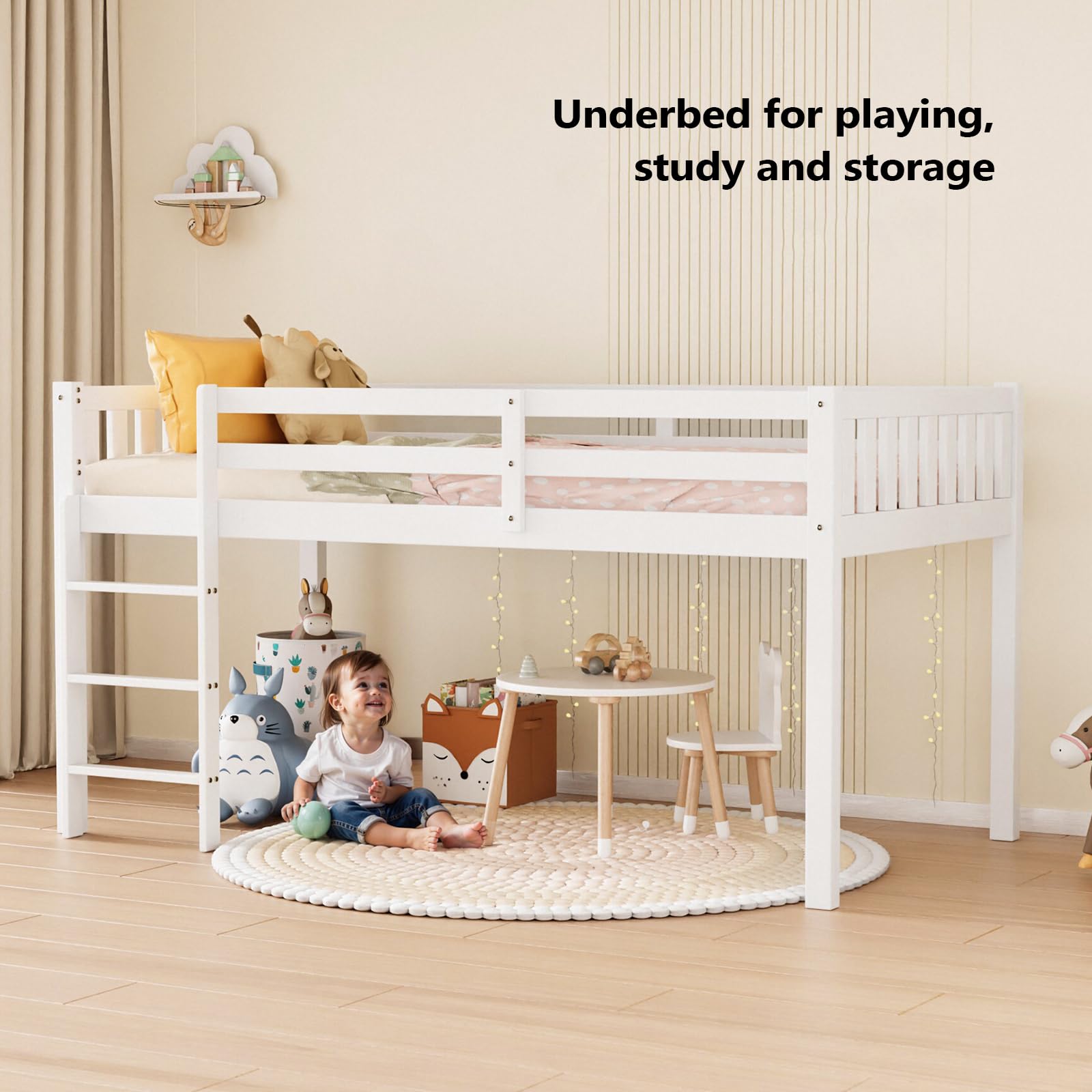 Twin Loft Bed Frame with Guardrail and Ladder