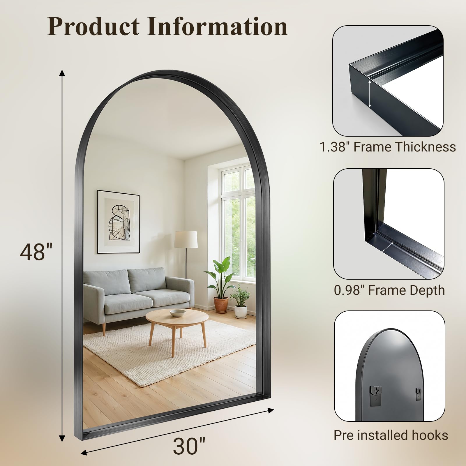 Arched Wall Mirror 30x48 Black Aluminum Frame
