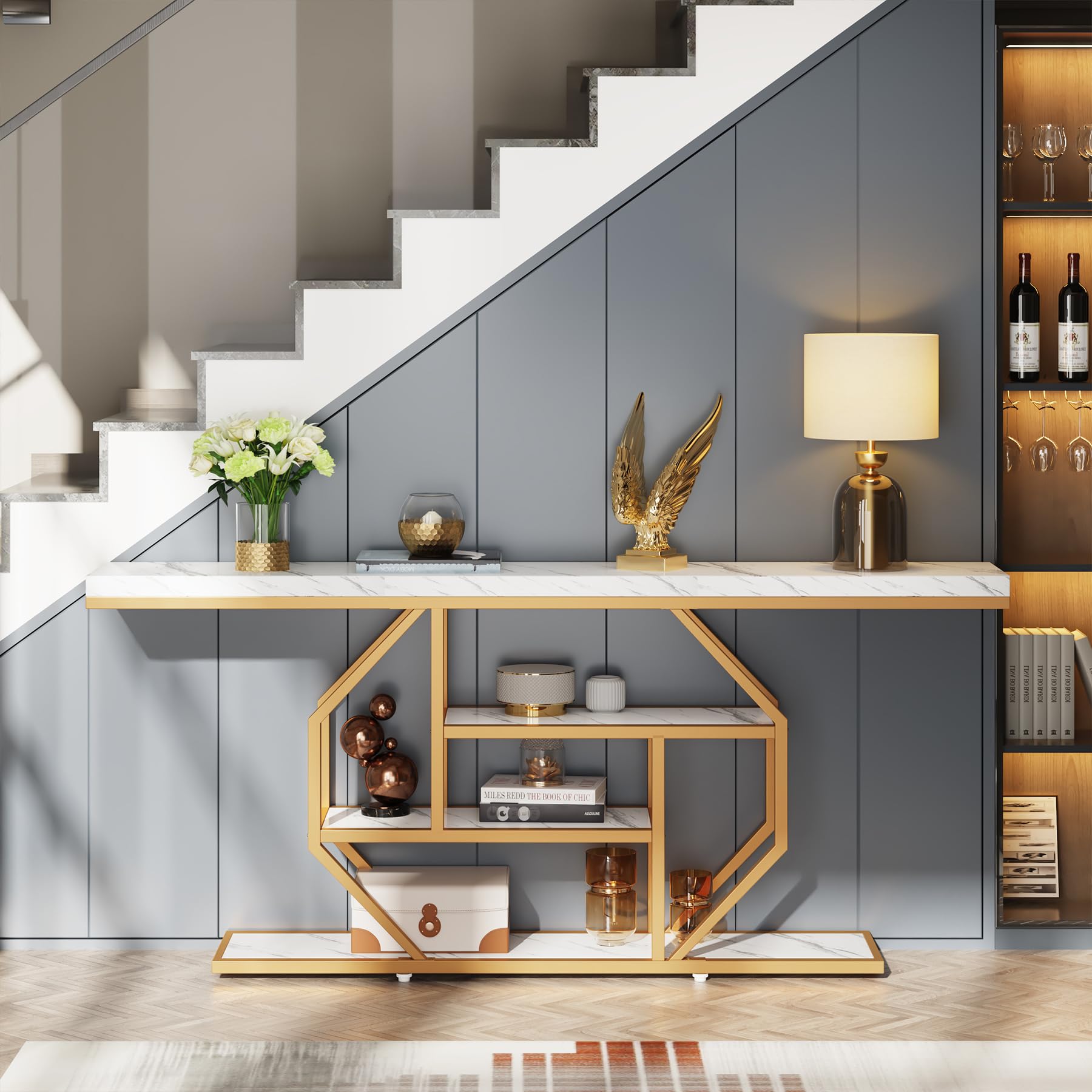 70.9" Extra Long Console Table with 4-Tier Open Shelves