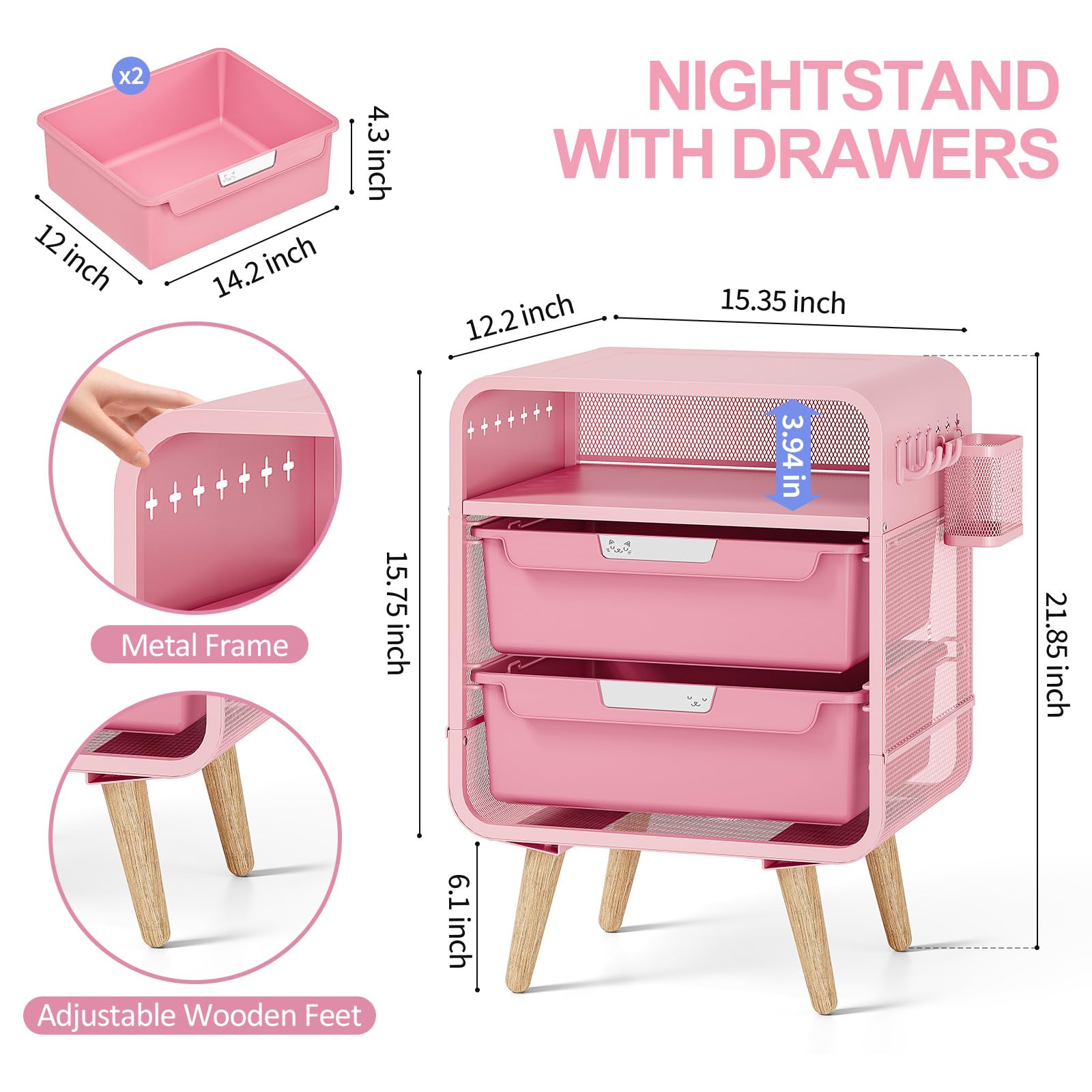 Pink Kids Nightstand with Storage Drawers