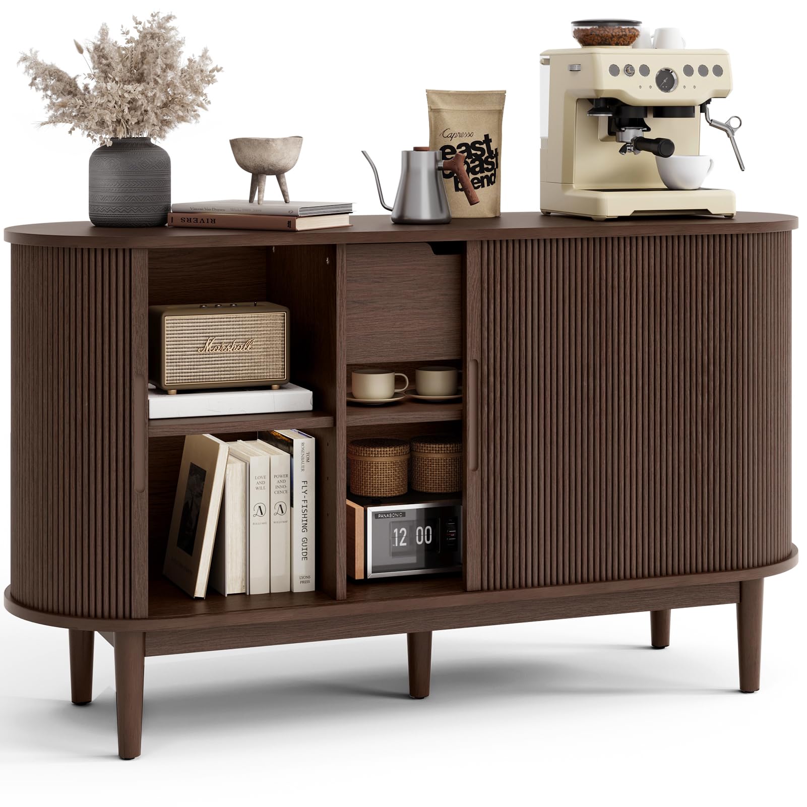 Mid-Century Sideboard Buffet Cabinet with Tambour Doors