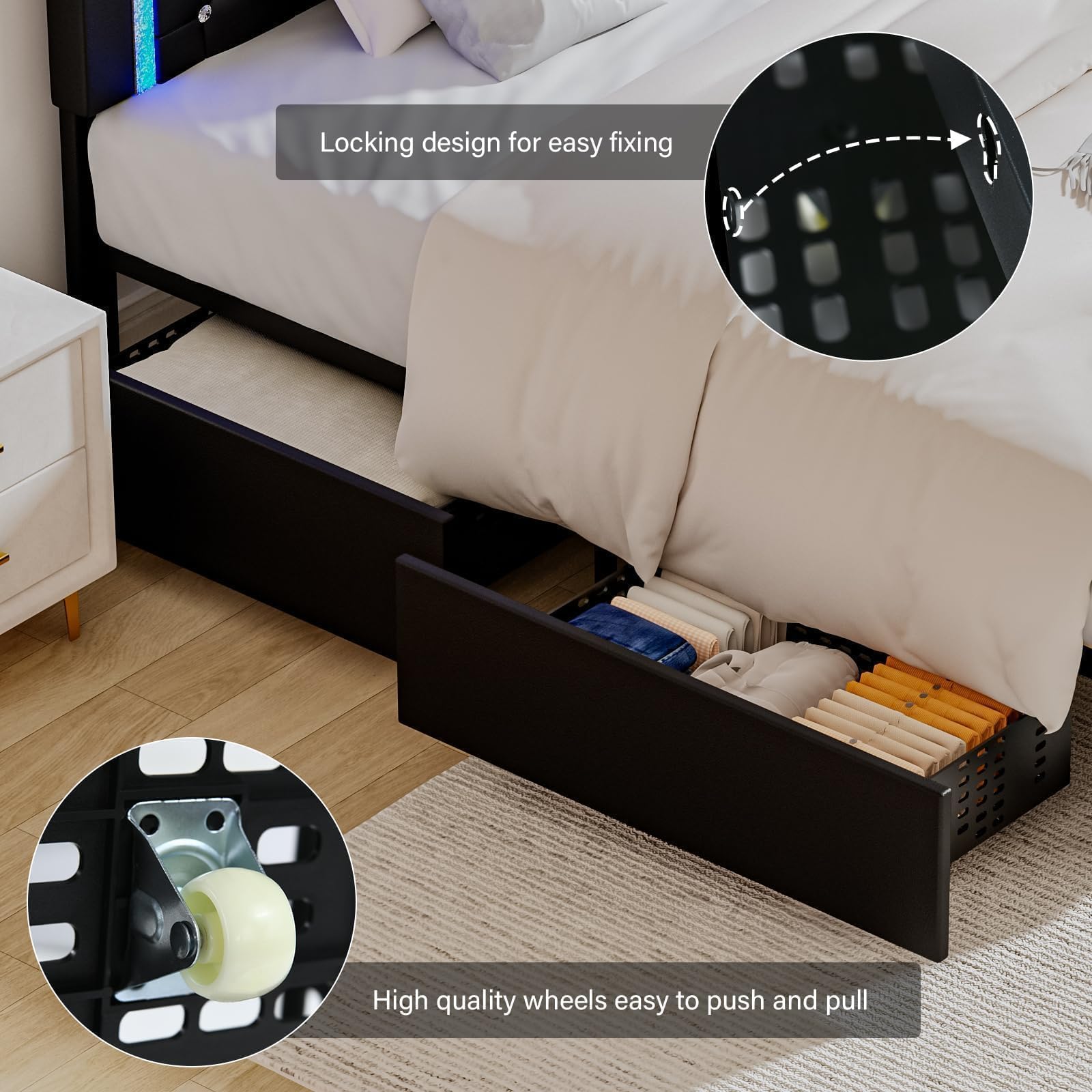 Queen LED Bed Frame with Storage Drawers