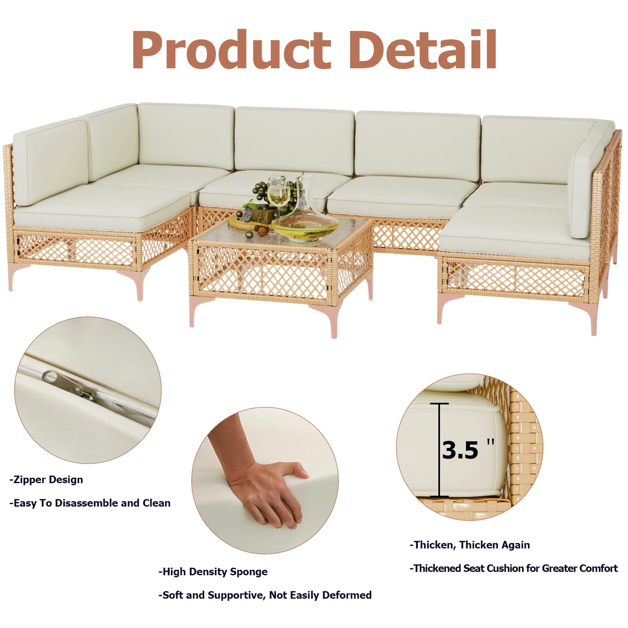 7-Piece Wicker Outdoor Sectional Sofa Set with Glass Coffee Table