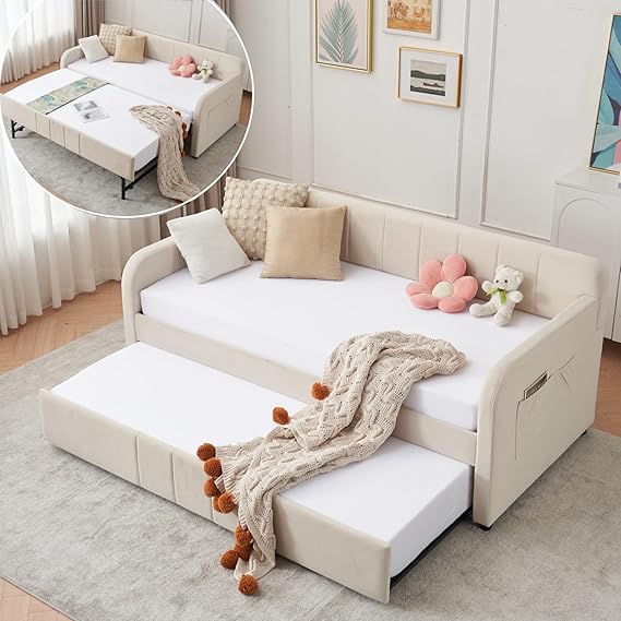 Twin Velvet Corner Daybed with Liftable Trundle and USB Charging