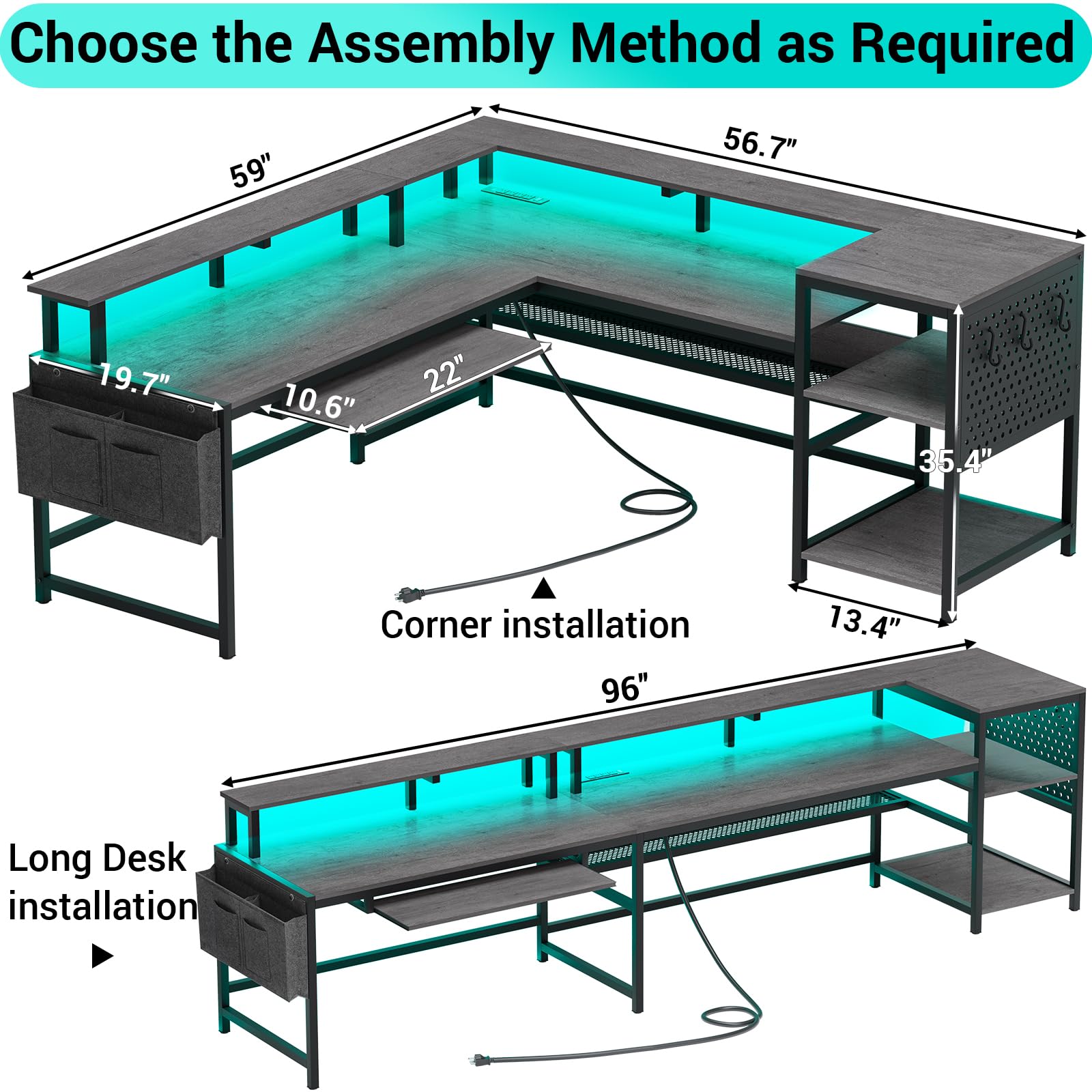 L-Shaped Gaming Desk with Power Outlets and LED Strip