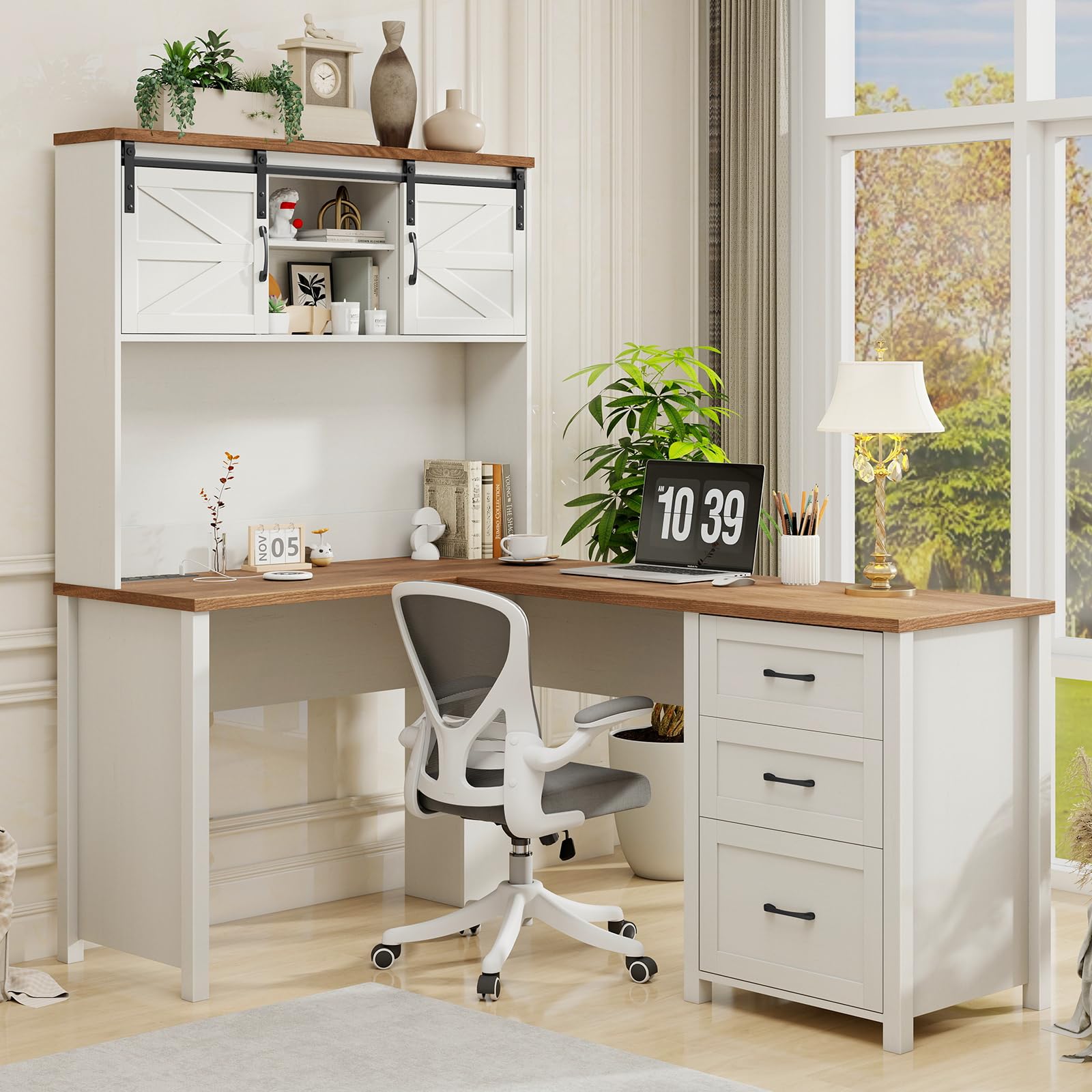 68H L-Shaped Desk with Hutch and Charging Station