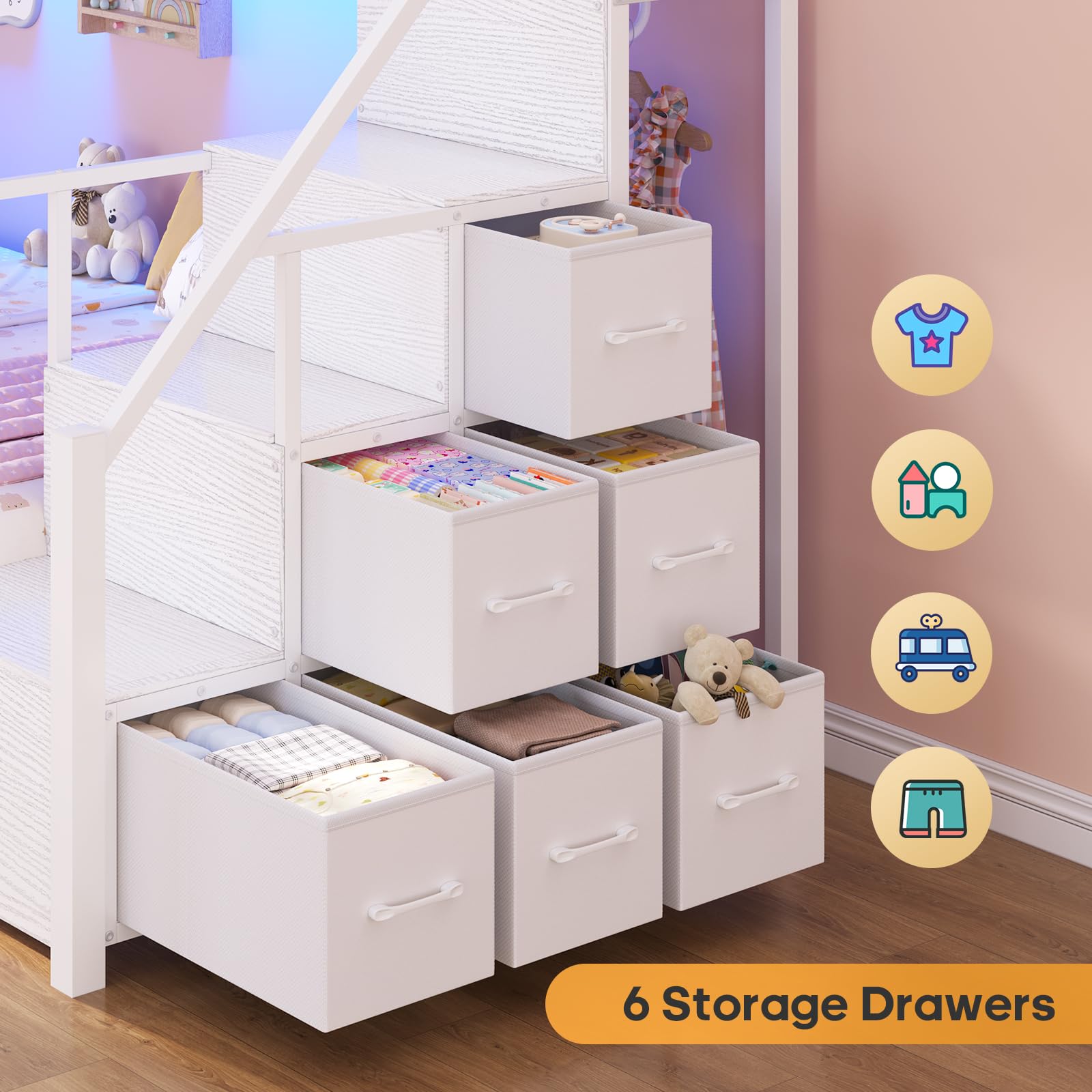 Twin Over Twin Bunk Bed with Stairs and LED Lights
