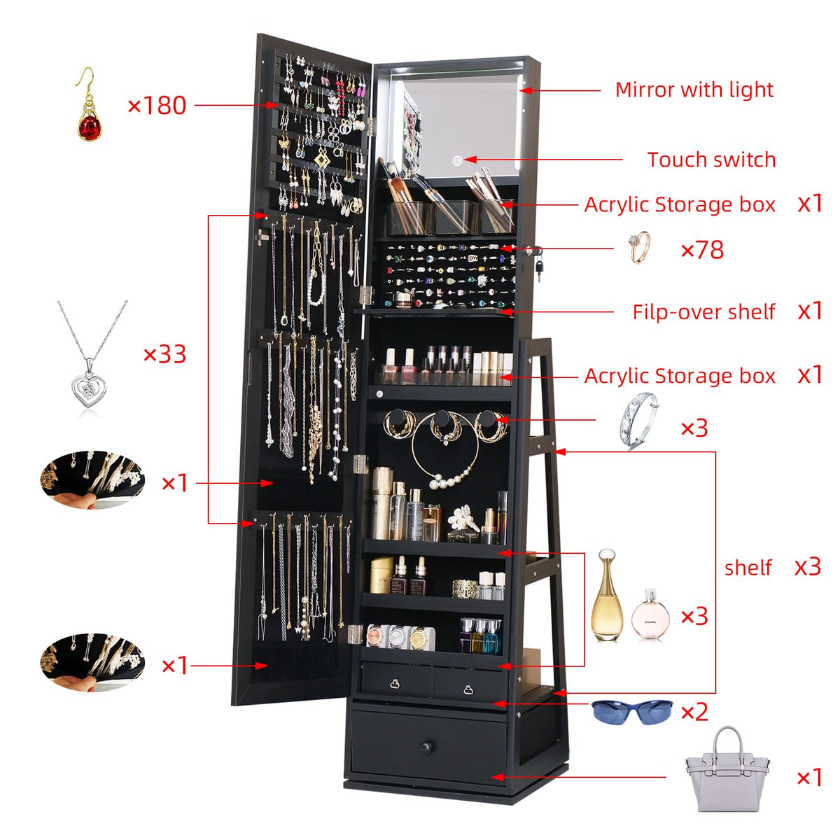 Full Length Mirror Jewelry Cabinet with 3 Drawers