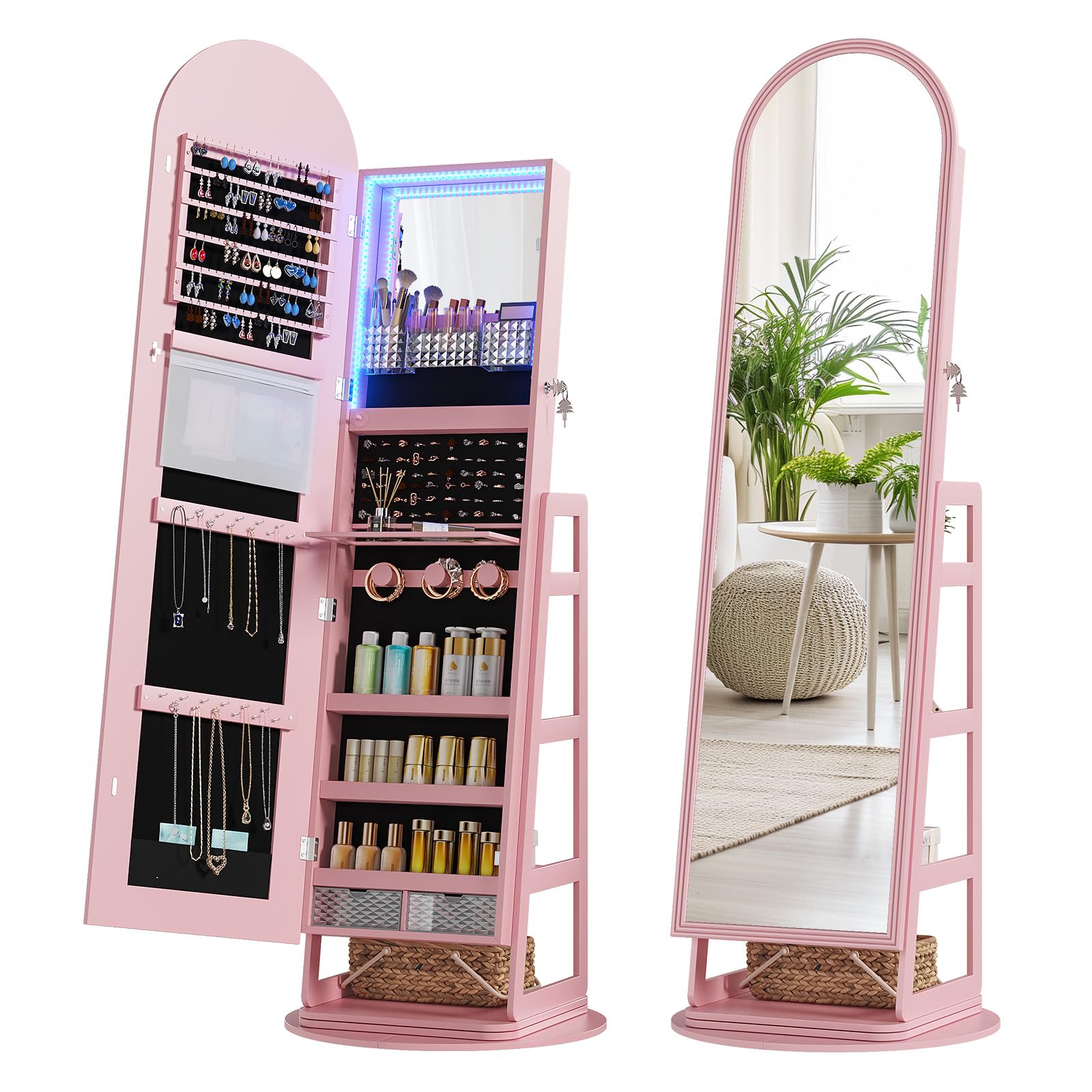 360° Swivel Jewelry Cabinet with Full Length Mirror and LED Lights