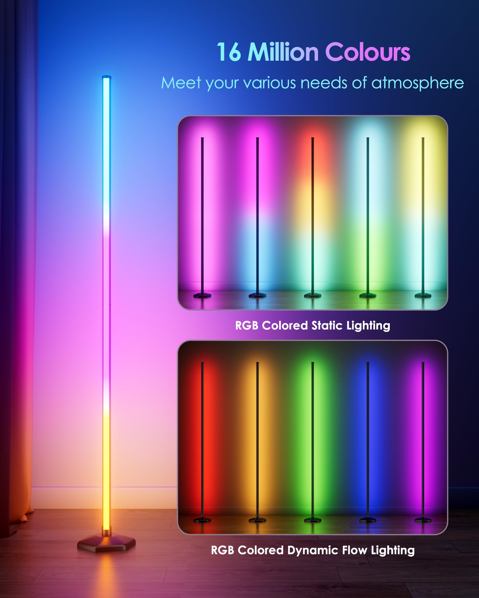 65" RGB Corner Floor Lamp with Music Sync and Remote Control