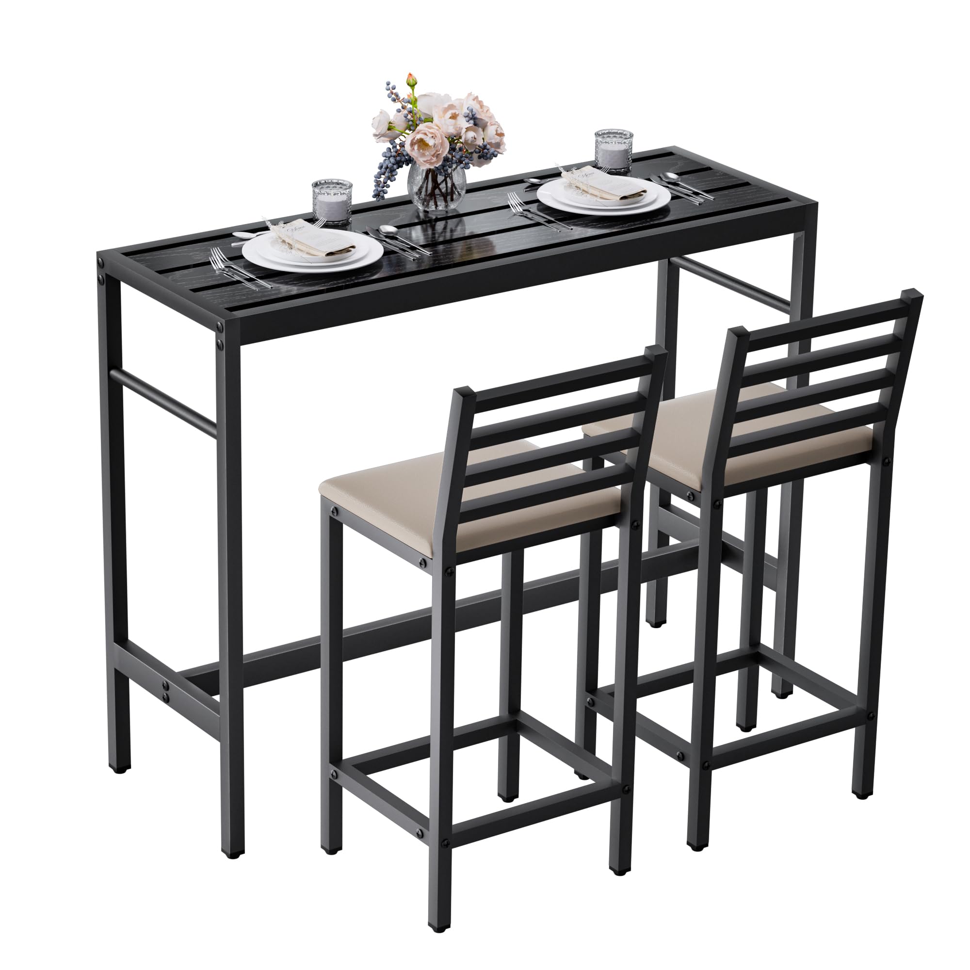 3 Piece Outdoor Patio Bar Set with Cushioned Stools