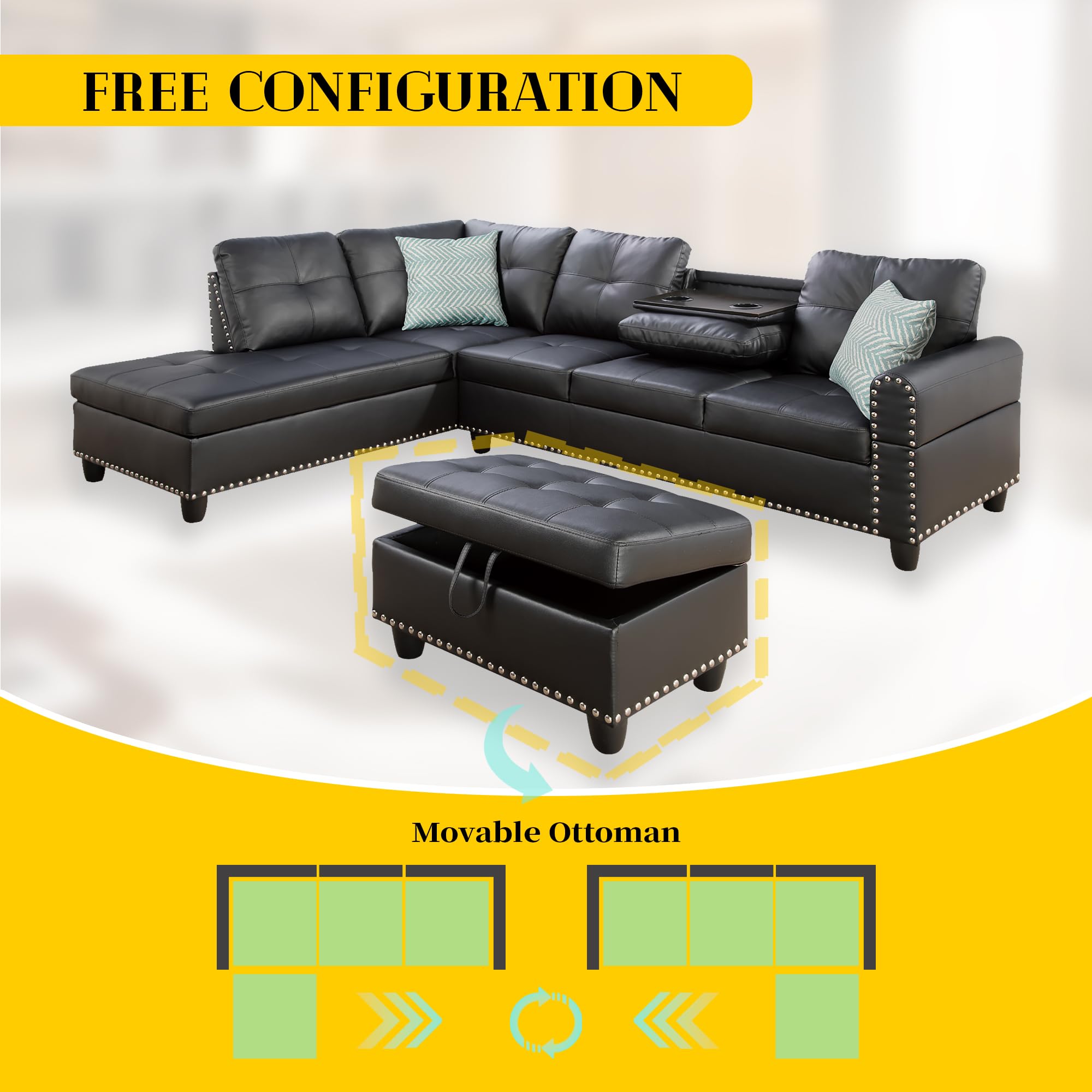 3-Piece Faux Leather Sectional Sofa with Storage Ottoman