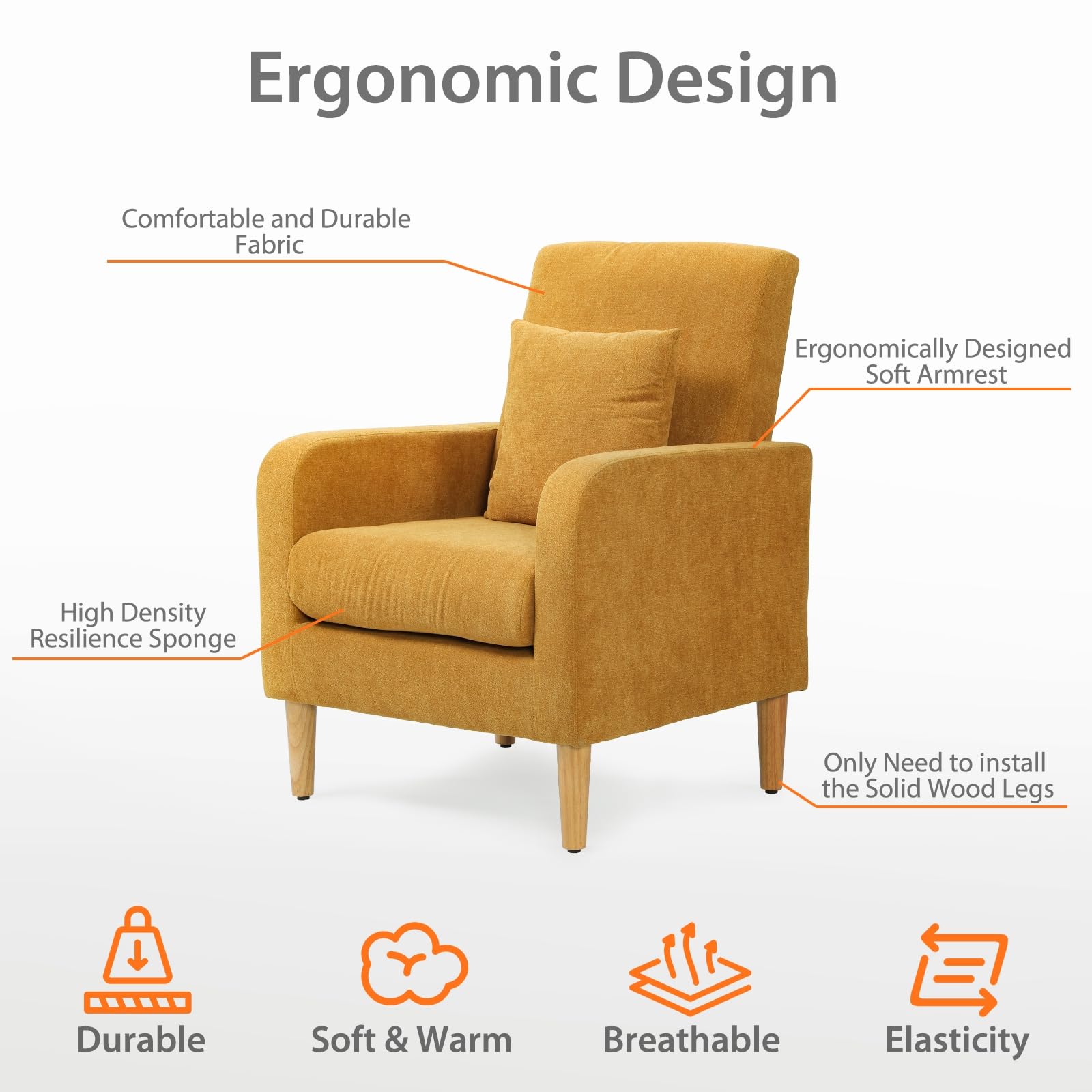 Upholstered Accent Chair with Pillow and Wooden Legs