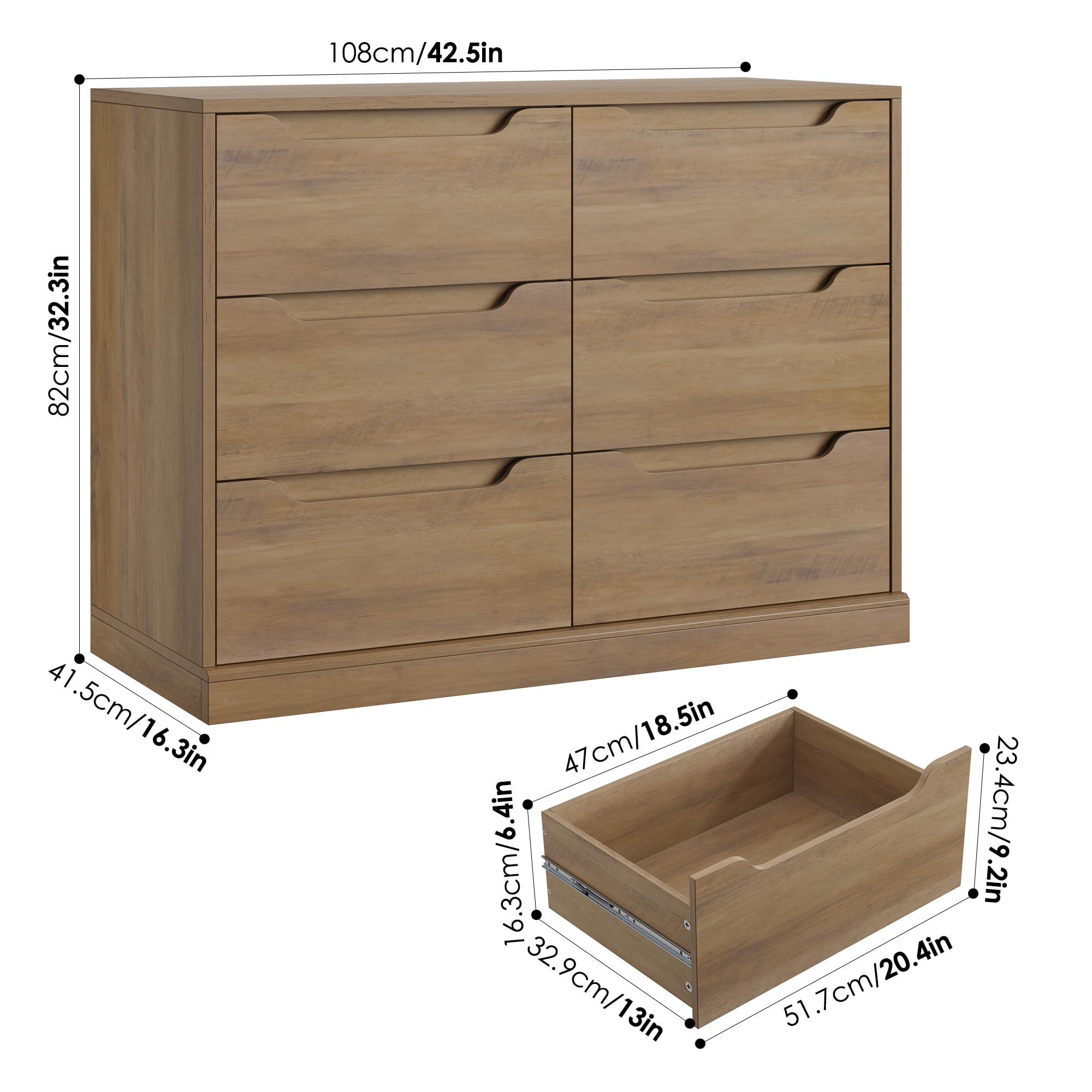 Modern 6 Drawer Dresser with Cut-Out Handles