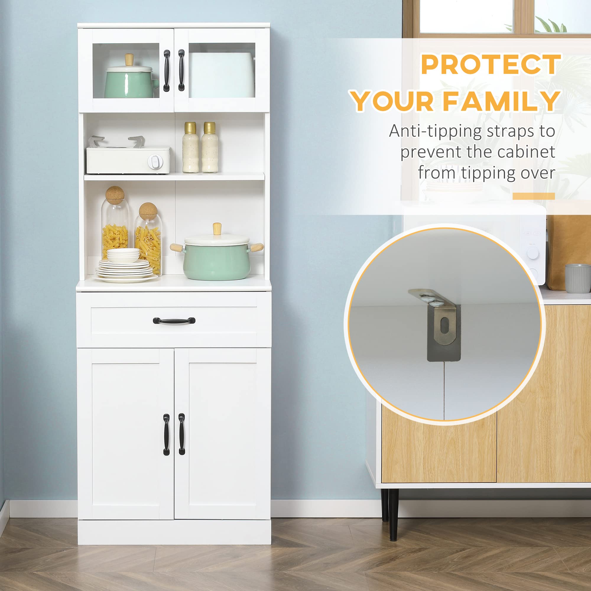 Kitchen Pantry Cabinet with Glass Doors and Adjustable Shelves