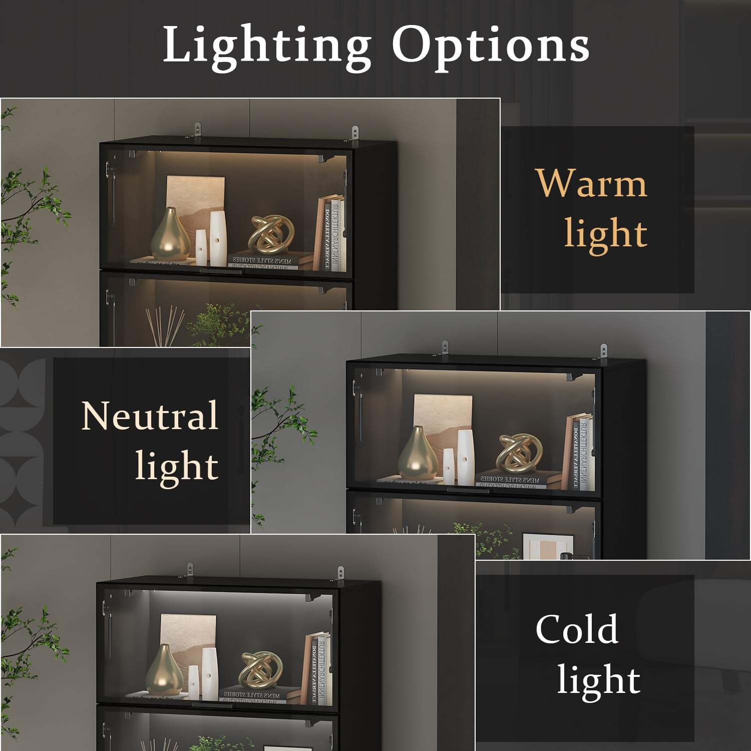 Glass Display Cabinet with LED Lights and Flip-Up Doors