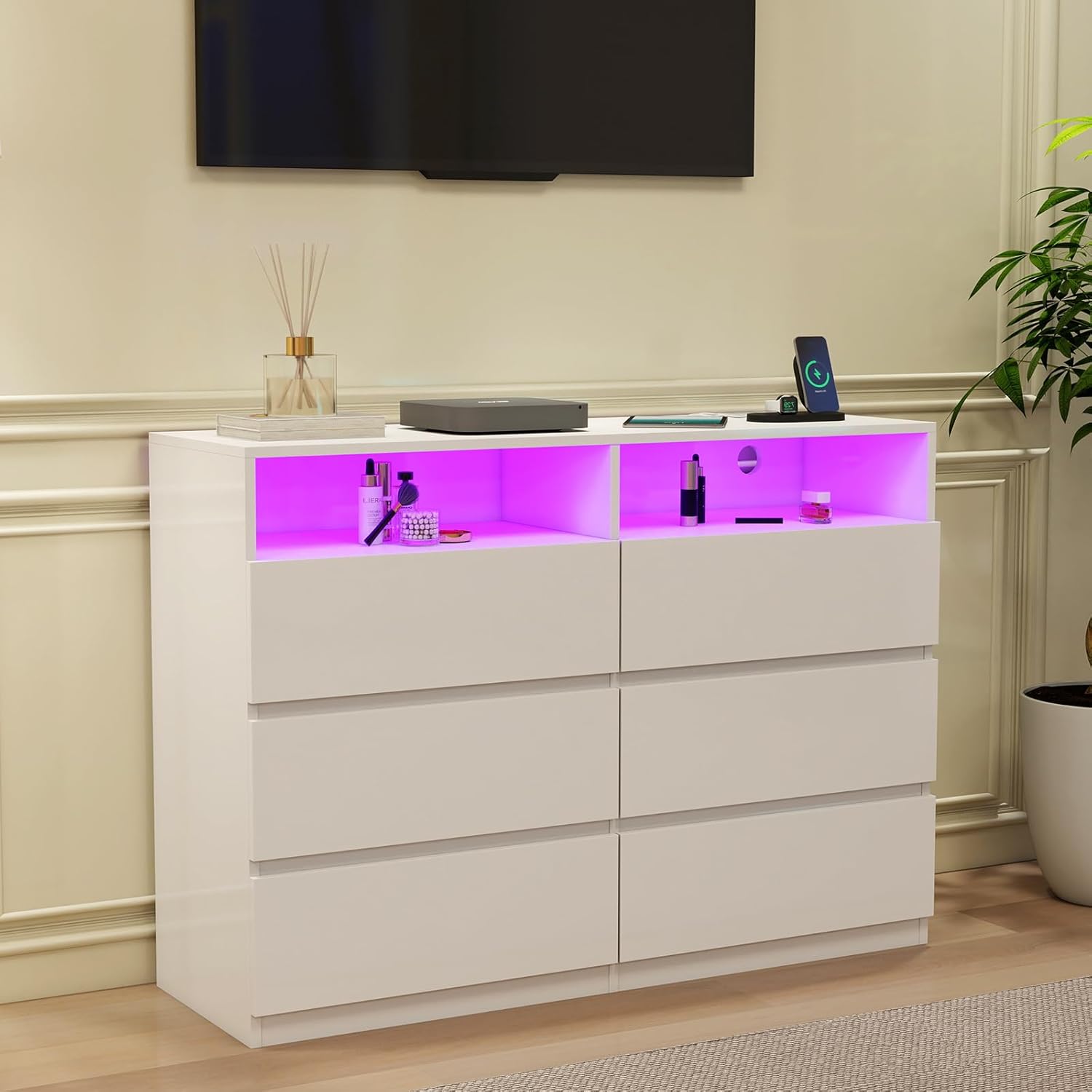 6 Drawer Dresser with TV Stand, LED Lights & Power Outlet