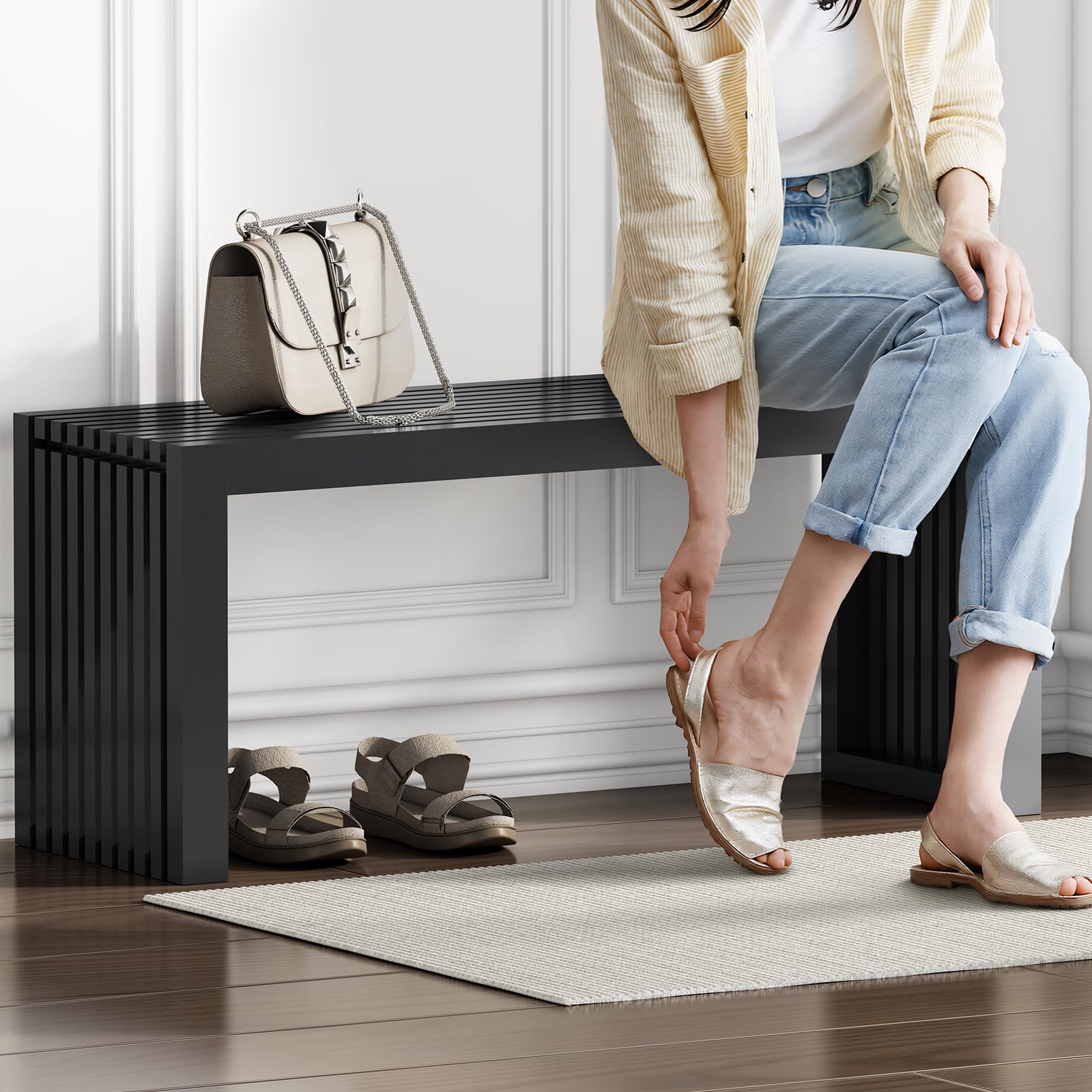 Bamboo Dining Bench 35 Inch Entryway Shoe Rack