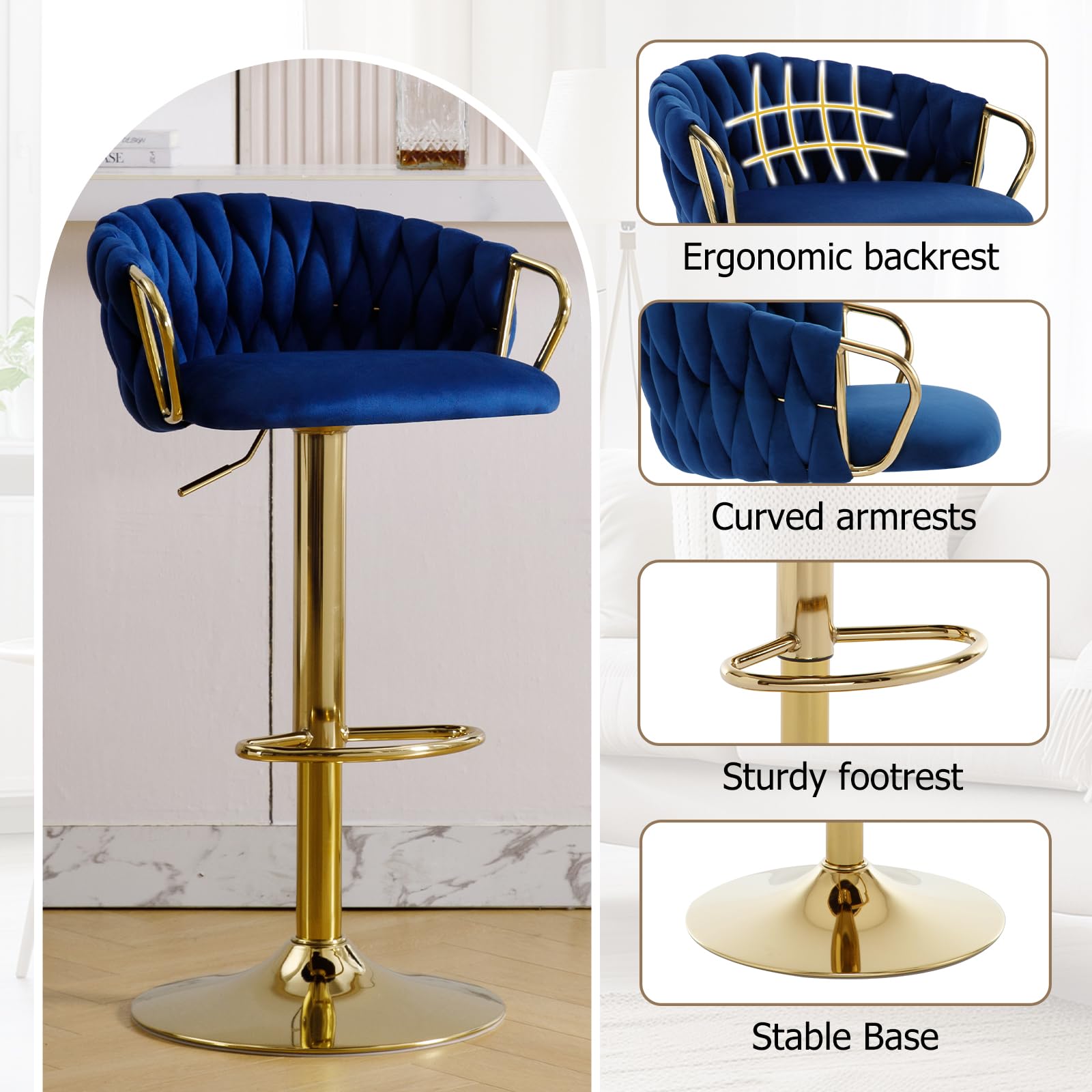 Velvet Bar Stools Set of 2 with Woven Back