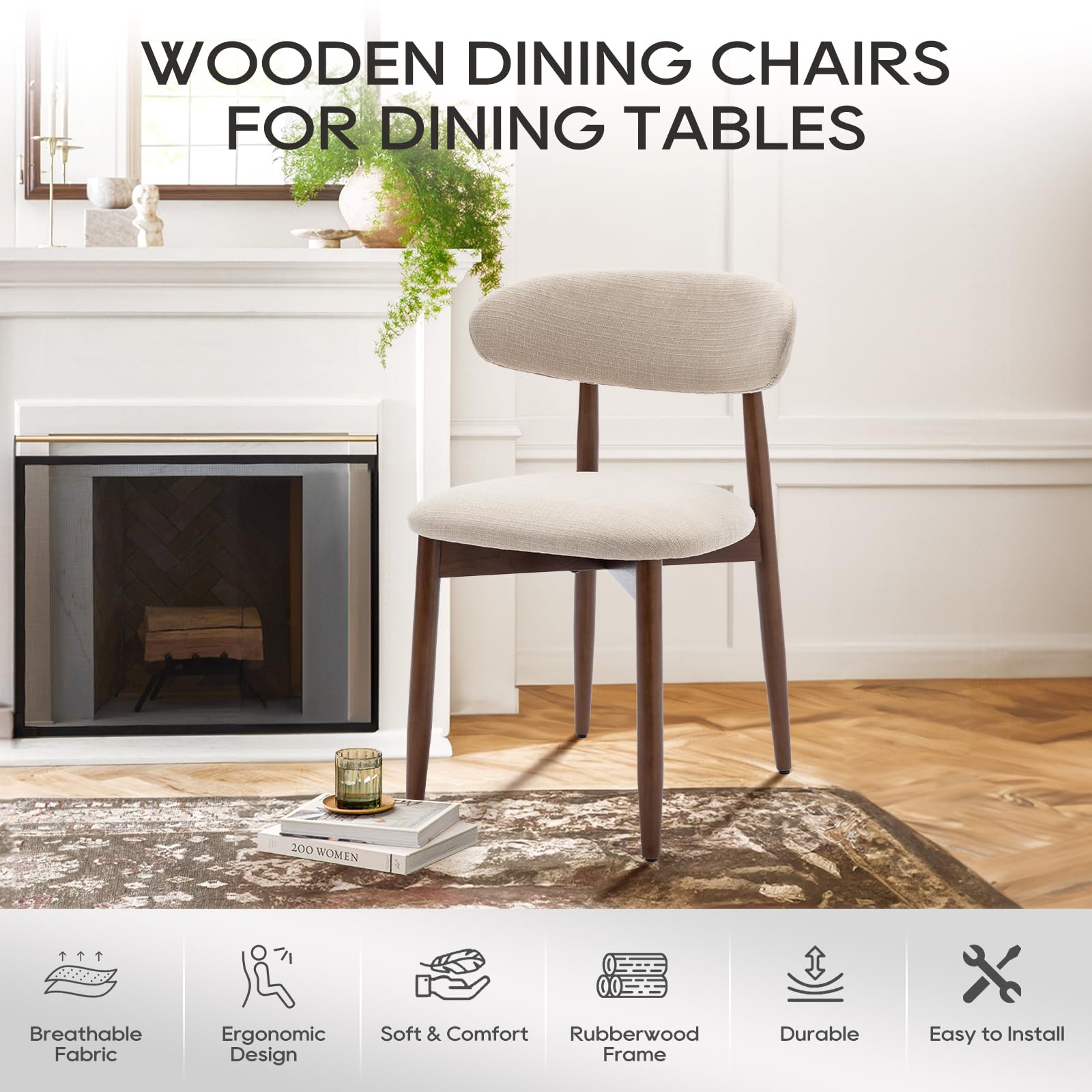 Wooden Dining Chairs Set of 6 with Upholstered Seats