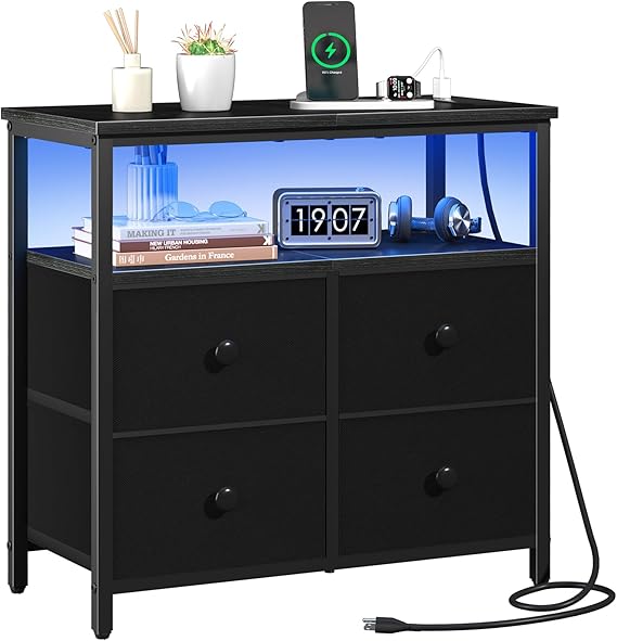 LED Nightstand with Charging Station and 4 Drawers
