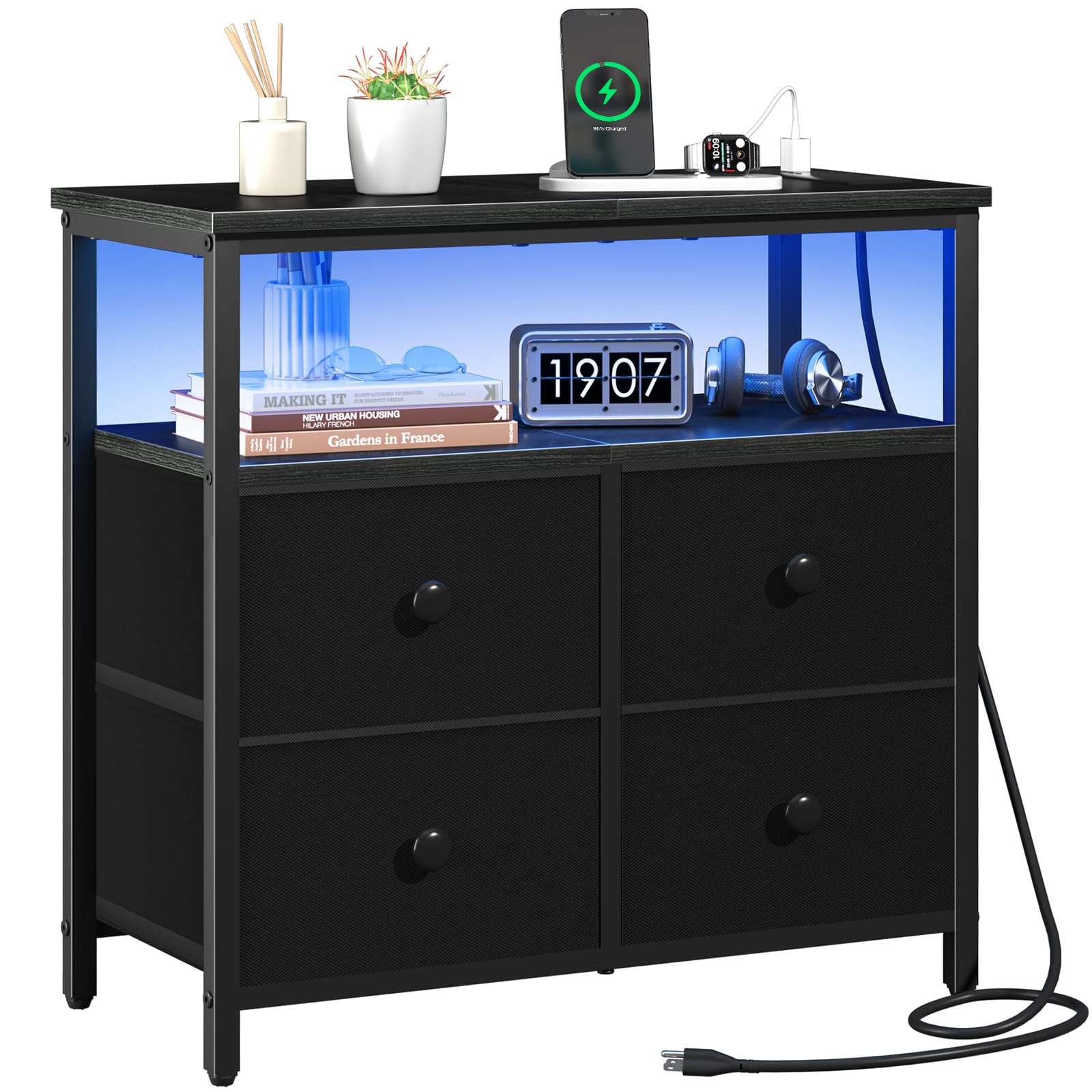 LED Nightstand with Charging Station and 4 Drawers