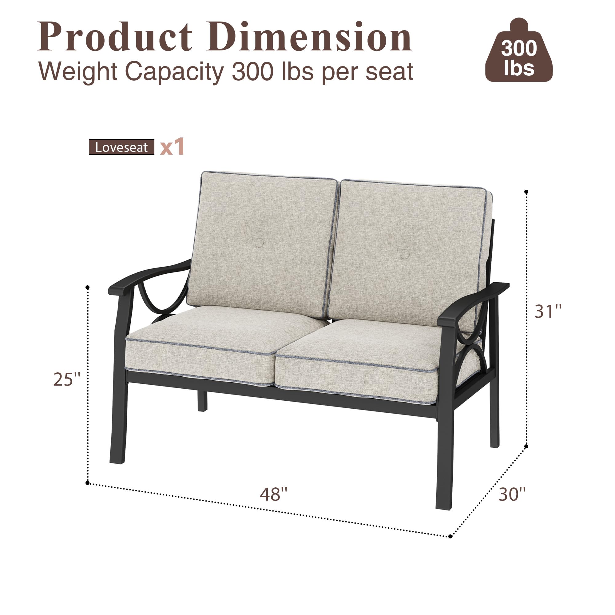 Patio Loveseat All-Weather Outdoor 2-Seat Sofa with Gray Cushions
