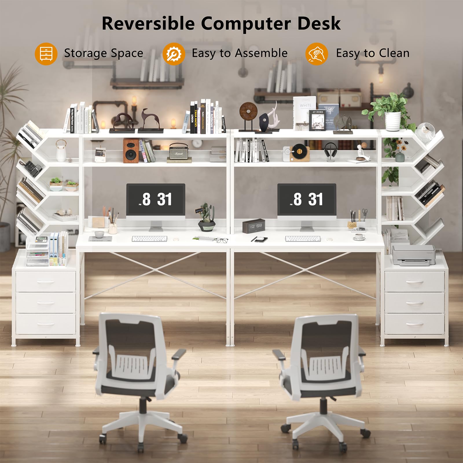 Reversible Computer Desk with Hutch and Storage Shelves
