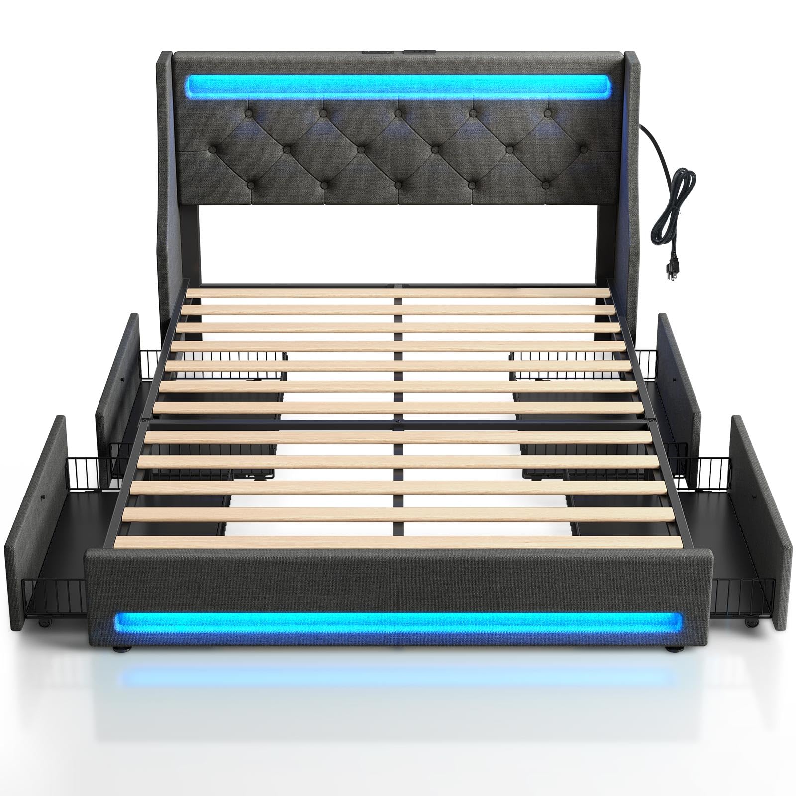 Full Bed Frame with LED Lights and Charging Station