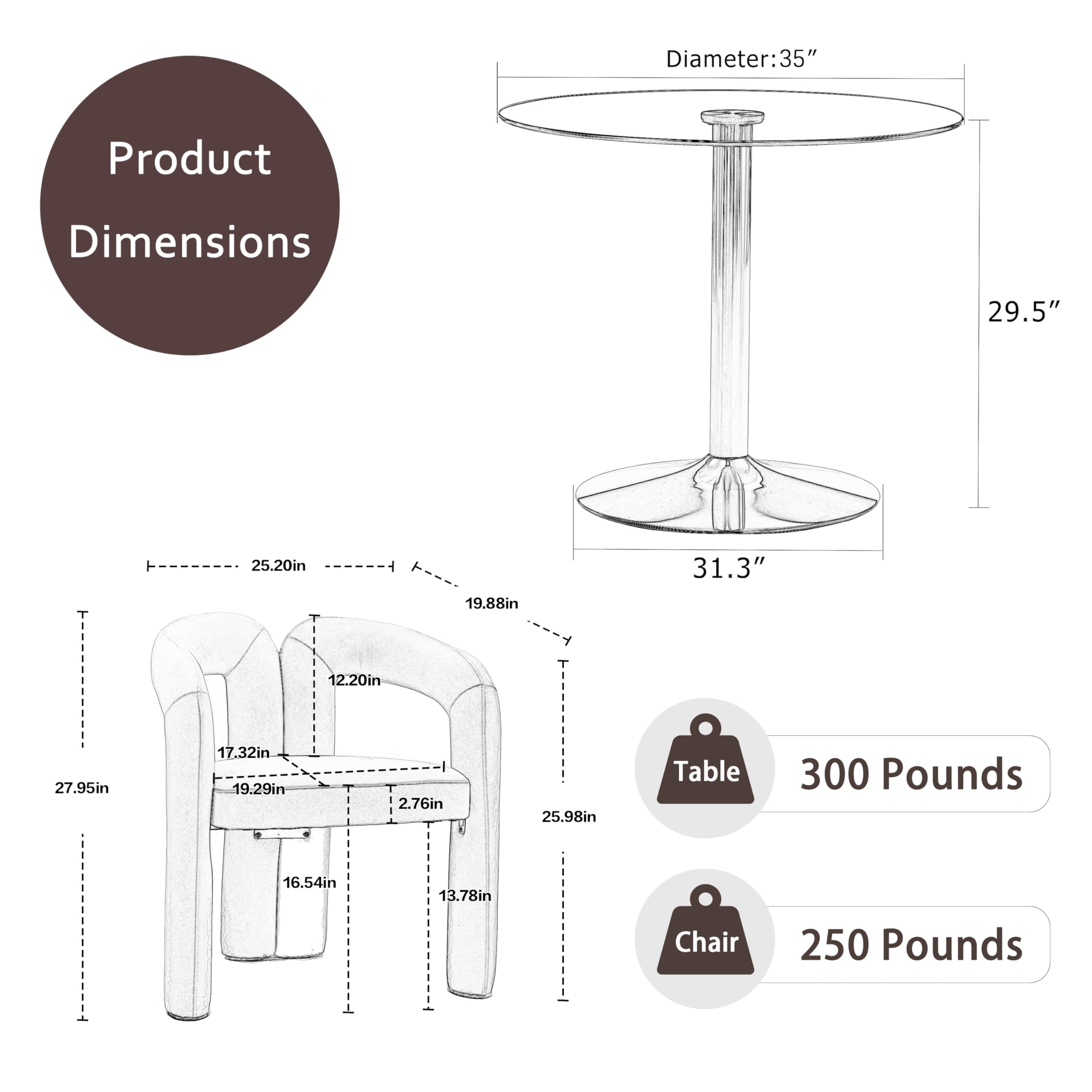 3 Piece Round Glass Dining Set with Velvet Chairs