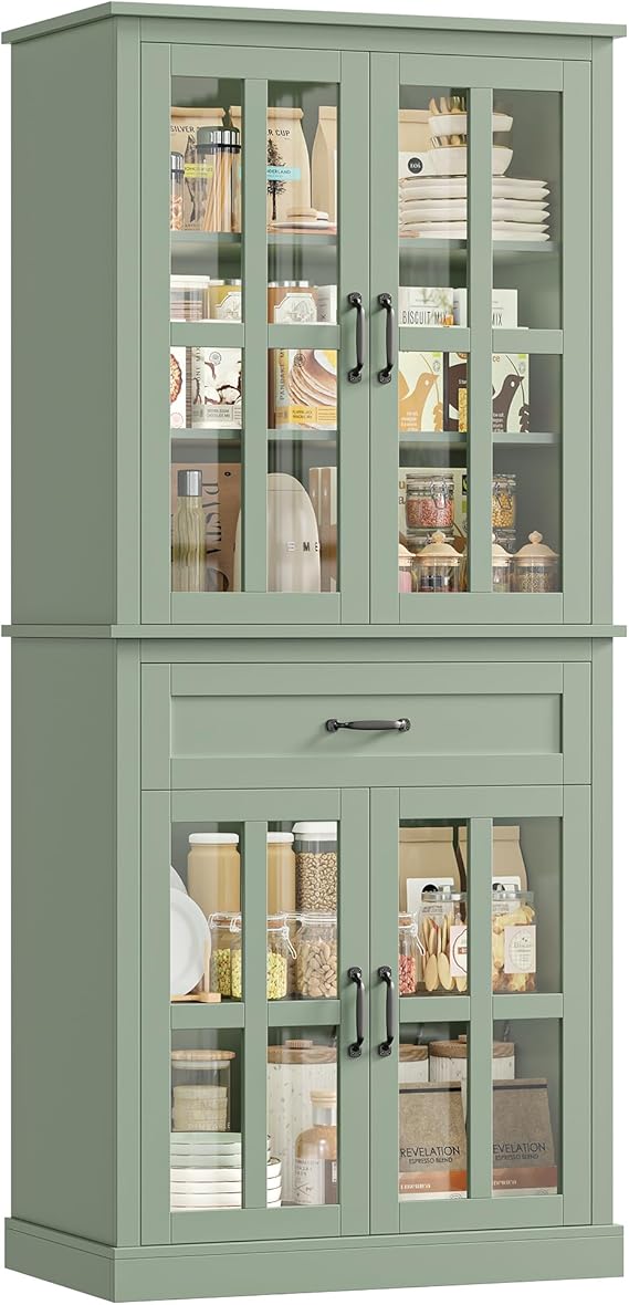 Kitchen Pantry Cabinet with Glass Doors and Drawer